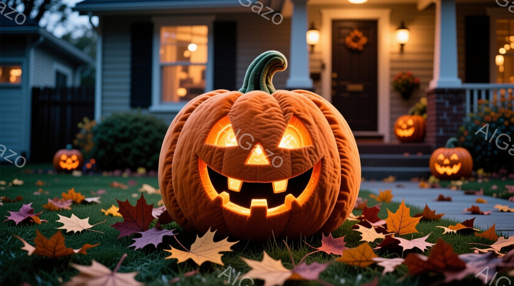 庭には大きなジャック・オ・ランタンが置かれ、不気味な笑顔で光を放っています。背景にはレンガ造りの家が見え、玄関には装飾が施されており、落ち葉が庭一面に散らばっていることから、晩秋のハロウィーンの夜の雰 - AI生成フリー素材