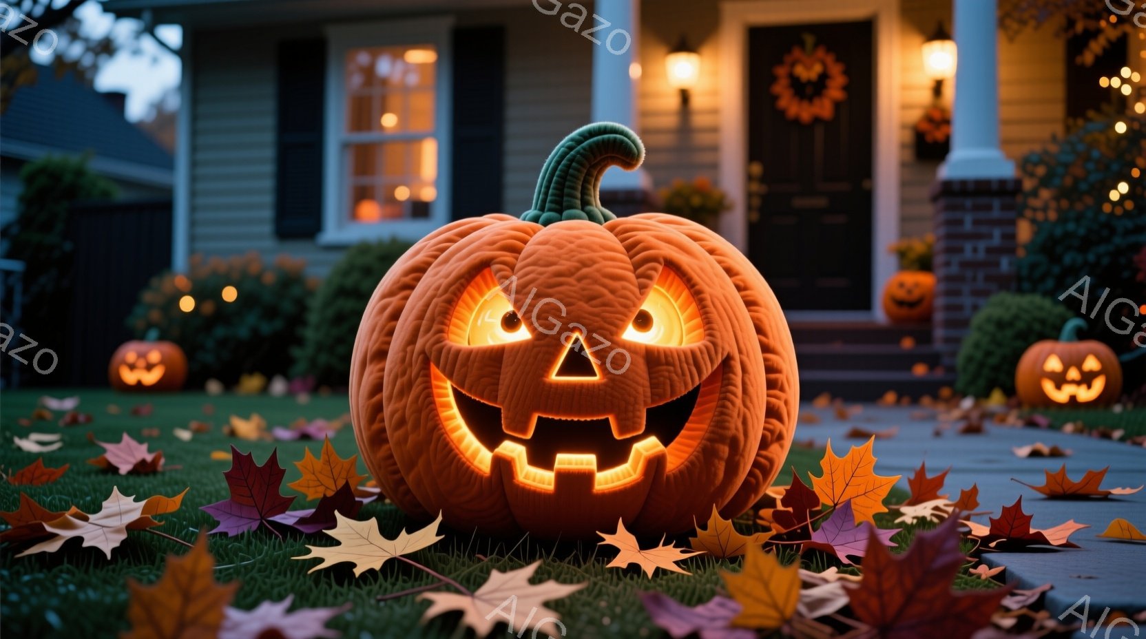 庭には大きなジャック・オー・ランタンが置かれ、鮮やかなオレンジ色に光り、不気味な笑顔を浮かべている。家の前にはハロウィーンの装飾が施され、落ち葉が散らばる芝生と、薄暗く照らされた家が、秋の夜の不気味な - AI生成フリー素材