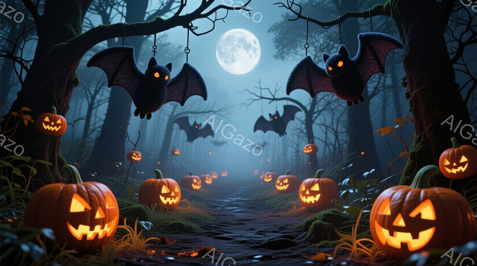 暗い森の中を石畳の道が走り、道沿いにはジャック・オー・ランタンが並べられています。空には満月が輝き、木の枝からは黒いコウモリの飾り付けがぶら下がっています。全体的にハロウィーンの不気味で幻想的な雰囲気 - AI生成フリー素材