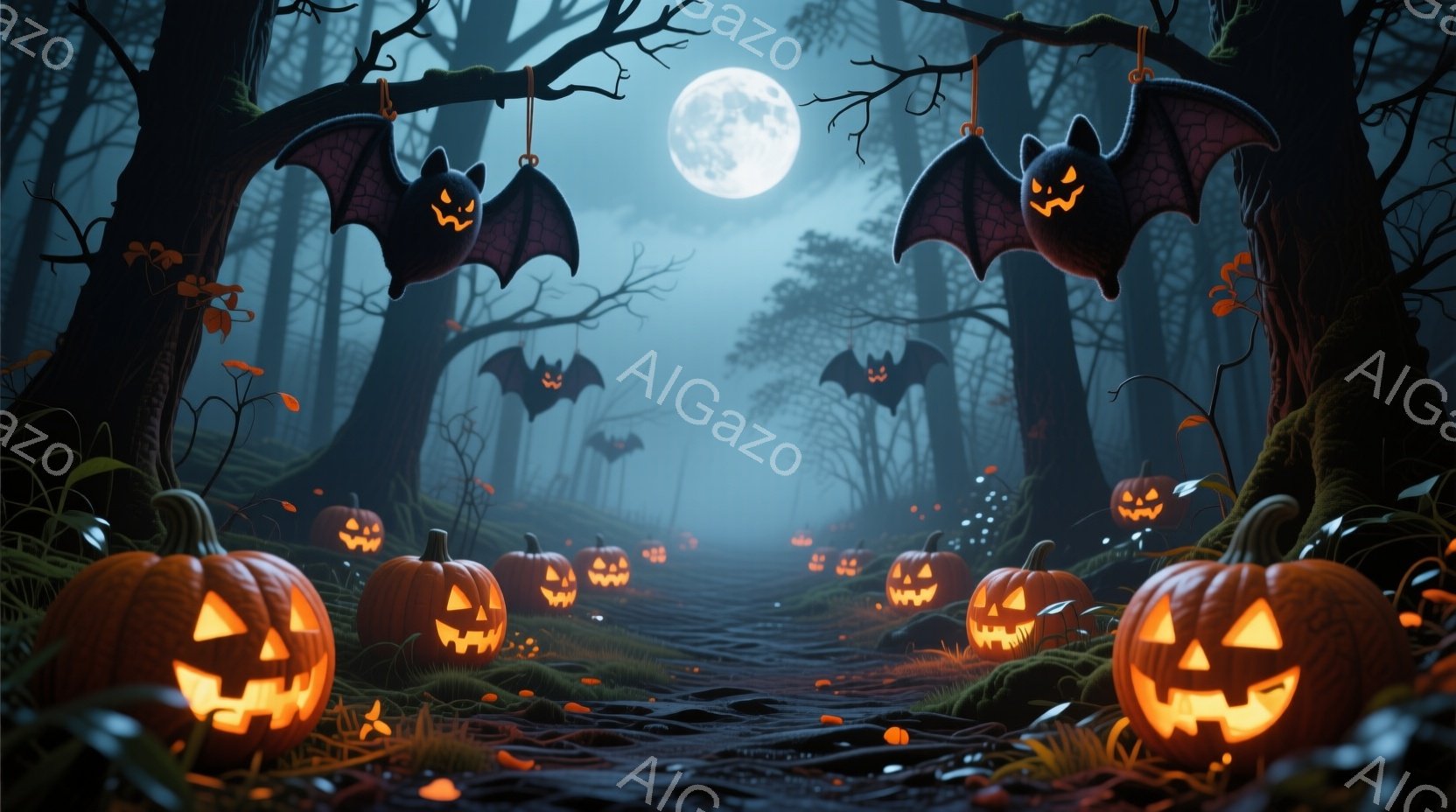 暗い森の道が、数多くのジャック・オー・ランタンによって照らされています。背景には高い木々が立ち並び、暗闇の中に不気味なバットの飾り付けが浮かんでいます。全体的に、ハロウィーンの夜の神秘的で少し不気味な - AI生成フリー素材