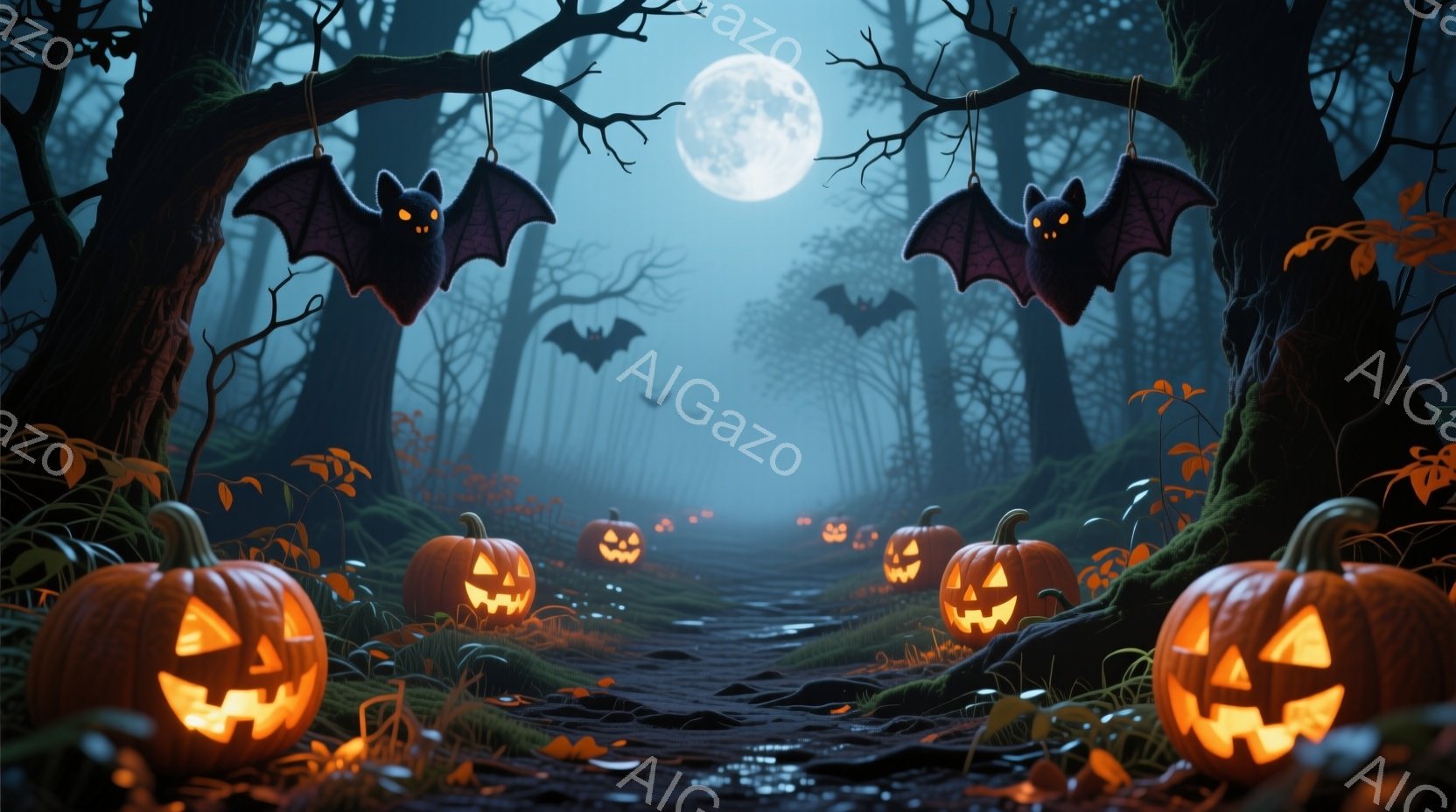 暗い森の中に、ジャック・オー・ランタンが並ぶ道が描かれています。空には満月が輝き、空中に不気味なコウモリが舞い、ハロウィーンの雰囲気を醸し出しています。地面には落ち葉が散らばり、道に沿って苔むした植物 - AI生成フリー素材