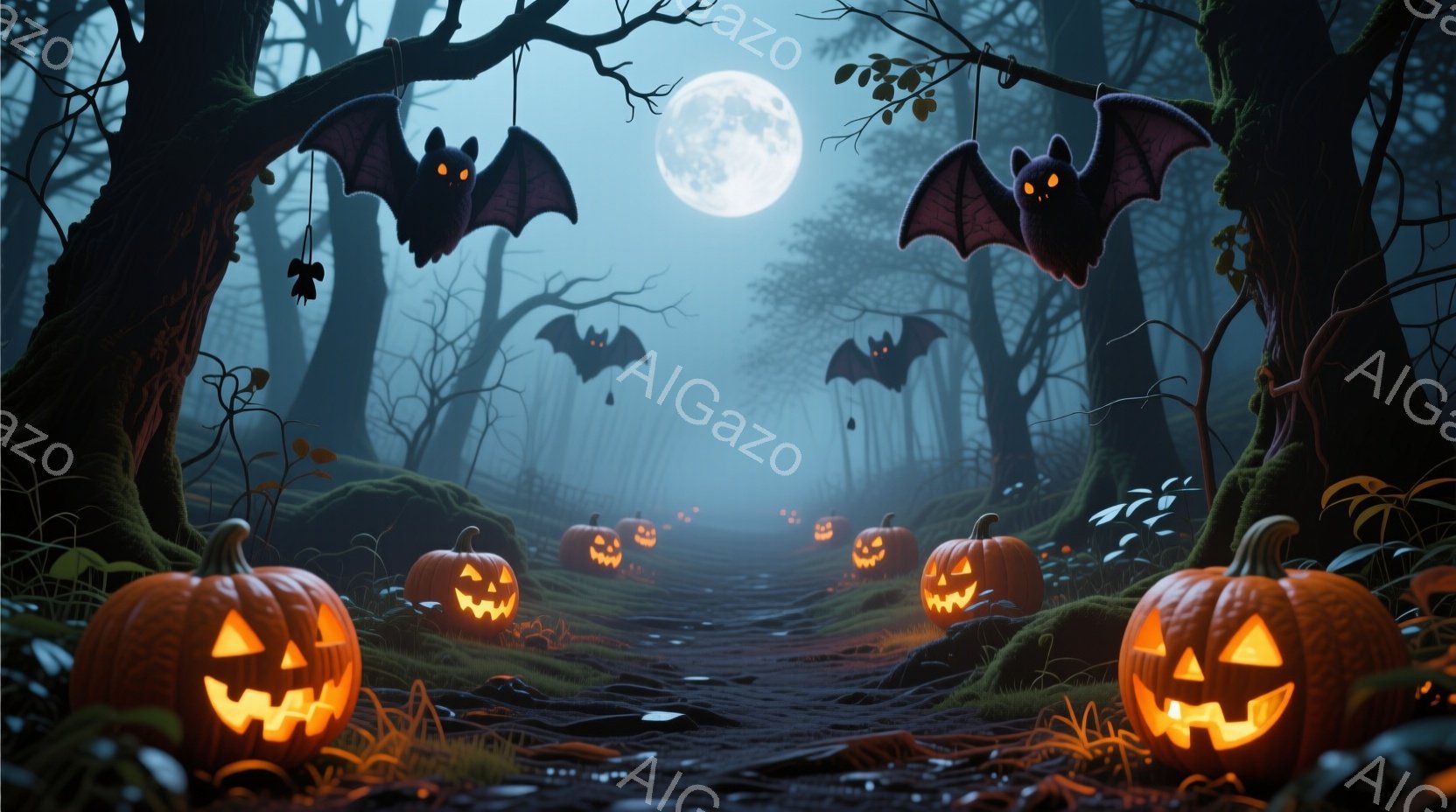 切り株や地面に彫られた笑顔のジャック・オー・ランタンが並ぶ、暗い森の小道が見える。背景には霧が立ち込め、満月が明るく照らし、空中にコウモリが舞っている。 全体的にハロウィーンの不気味で神秘的な雰囲気を - AI生成フリー素材