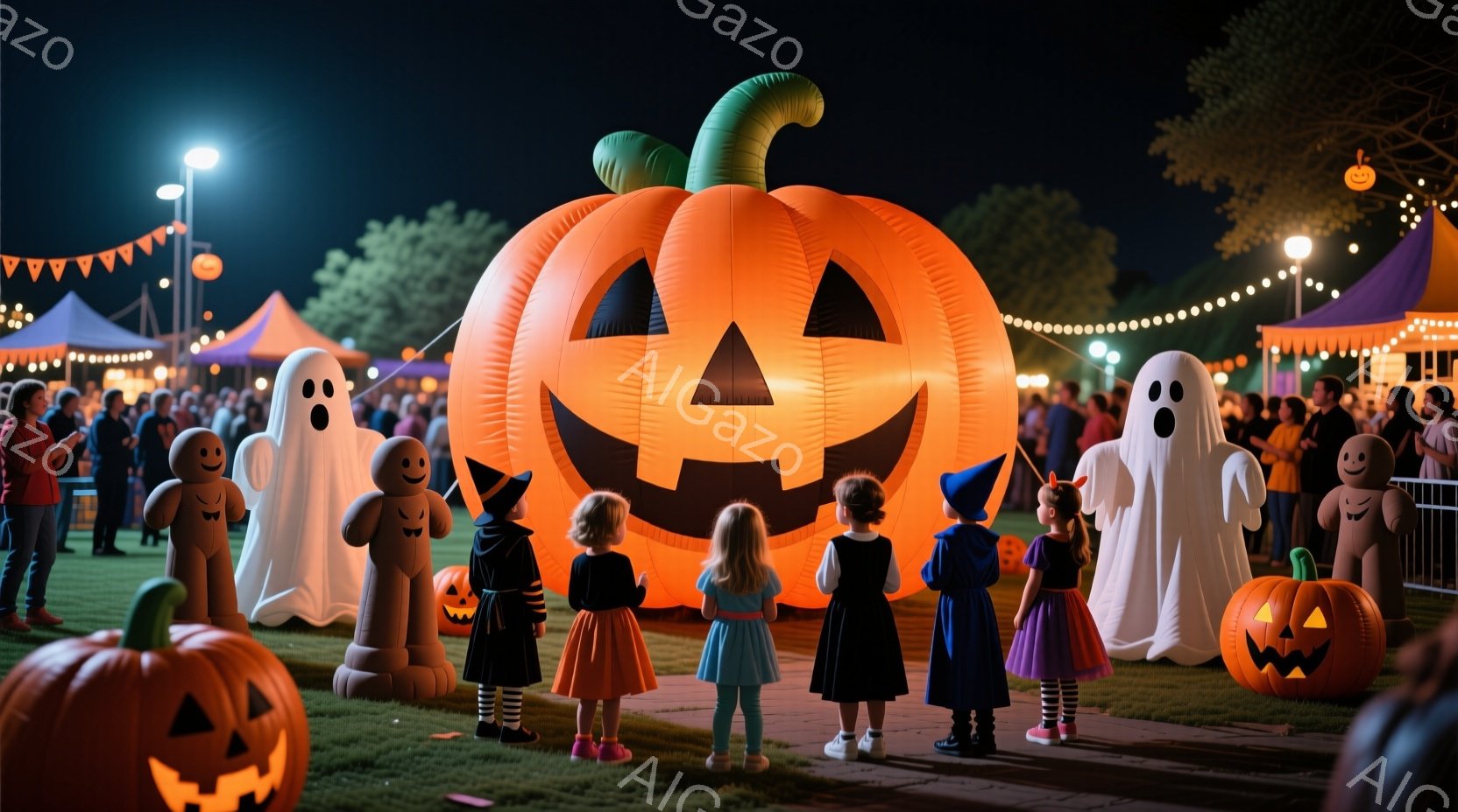 ハロウィーンのイベント会場で、子どもたちが仮装をして立っている。背景には大きなカボチャのバルーンや幽霊、ジンジャーブレッドマンのバルーンが並び、会場はオレンジ色の光で照らされている。子どもたちはそれぞ - AI生成フリー素材