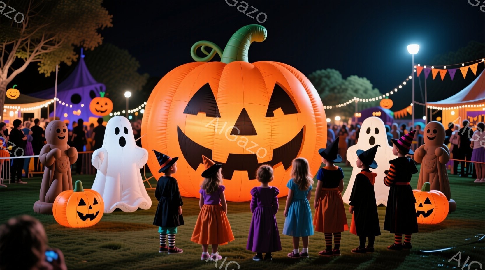 ハロウィーンの夜、数人の子供たちが大きなジャック・オー・ランタンのインフレータブルの前に立っています。子供たちはハロウィーンの衣装を着ており、魔女や幽霊など、様々なキャラクターに扮しています。背景には - AI生成フリー素材