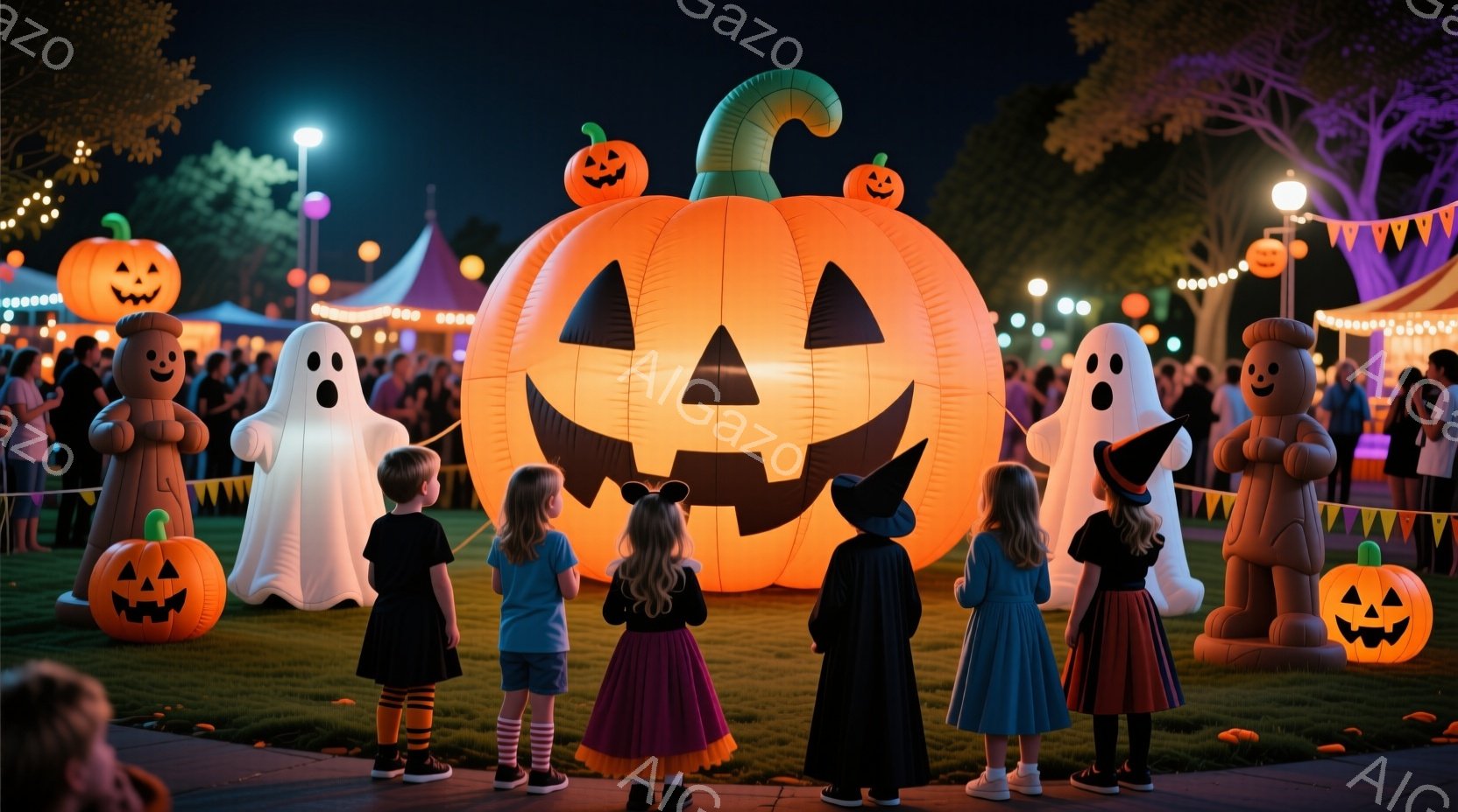 ハロウィーンの装飾が施された公園で、子供たちが巨大なパンプキン型のバルーンを見上げています。子供たちはそれぞれ異なるハロウィーンの衣装を着ており、魔女、お化け、そしてカラフルなドレス姿などが見られます - AI生成フリー素材