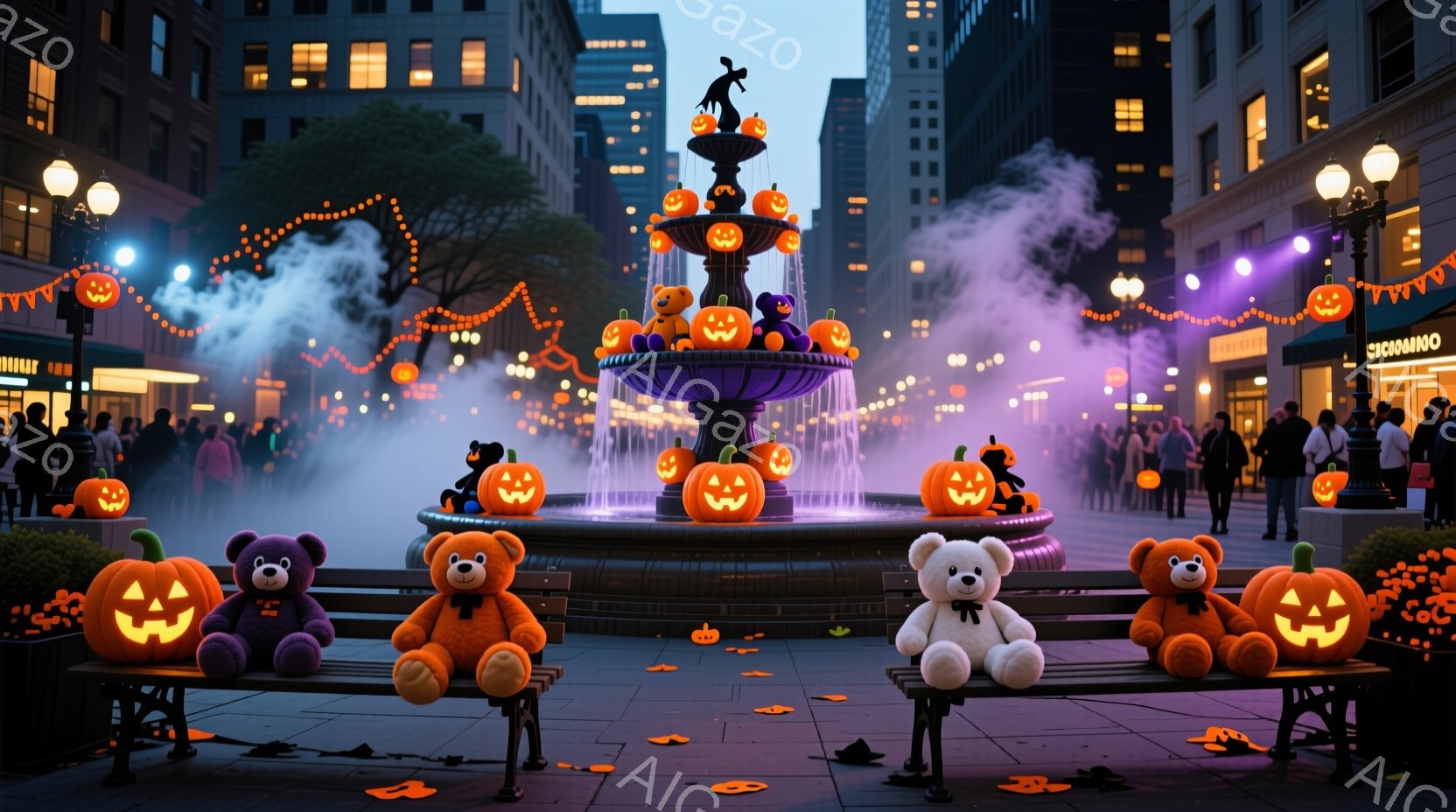 広場の中央には、カボチャのランタンで飾られた美しい噴水があり、ハロウィーンの雰囲気を醸し出しています。周囲には、カボチャのぬいぐるみがベンチに座っており、人々はハロウィーンの装飾が施された通りを歩き回っています。夜空は薄暗く、街灯や建物の明かりがハロウィーンの装飾と相まって、幻想的で賑やかな雰囲気を演出しています。