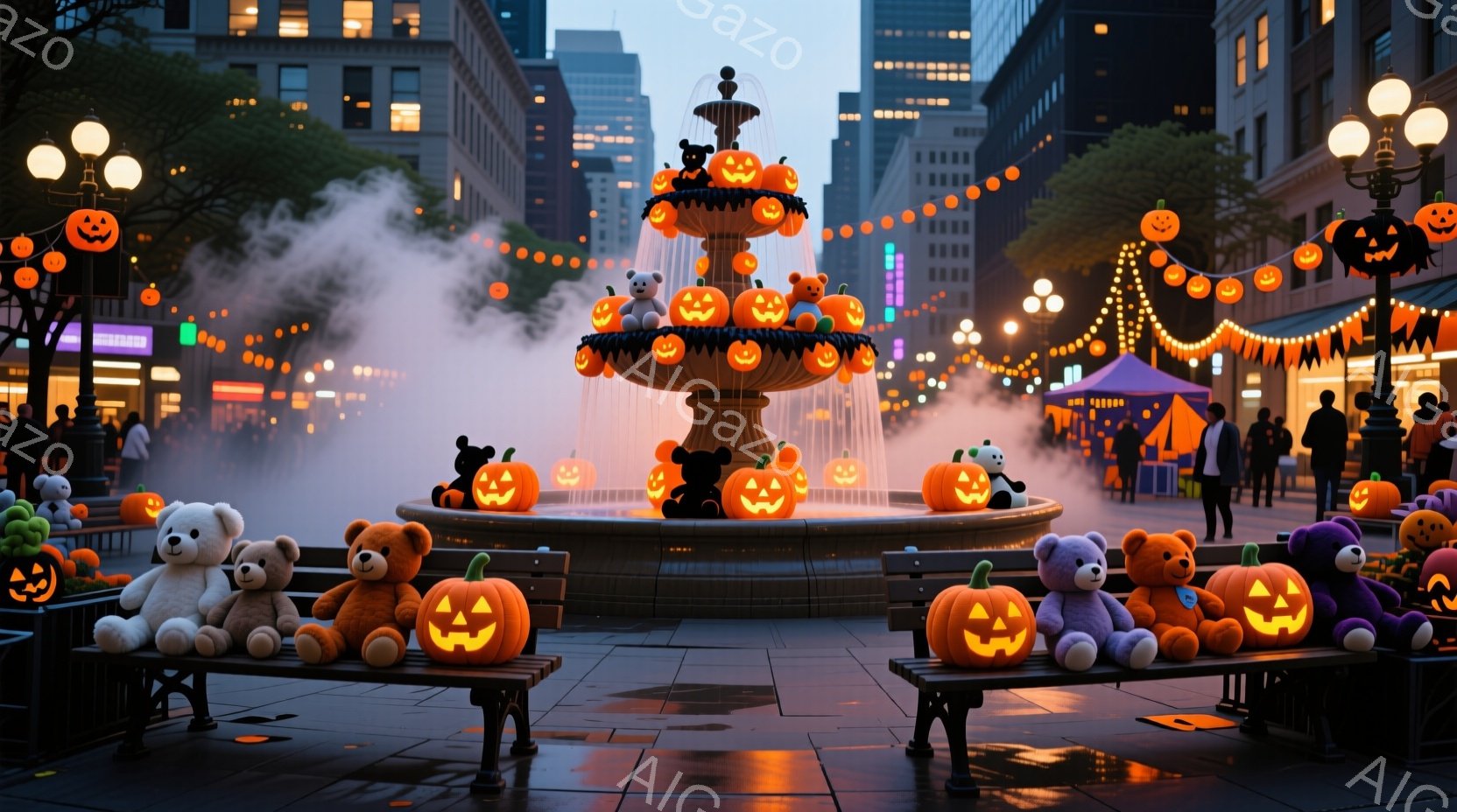 広場の噴水はハロウィーンの装飾で覆われ、彫刻の代わりに様々な表情のジャック・オー・ランタンが並んでいます。ベンチには、テディベアやその他のぬいぐるみとともに、さらに多くのジャック・オー・ランタンが置か - AI生成フリー素材