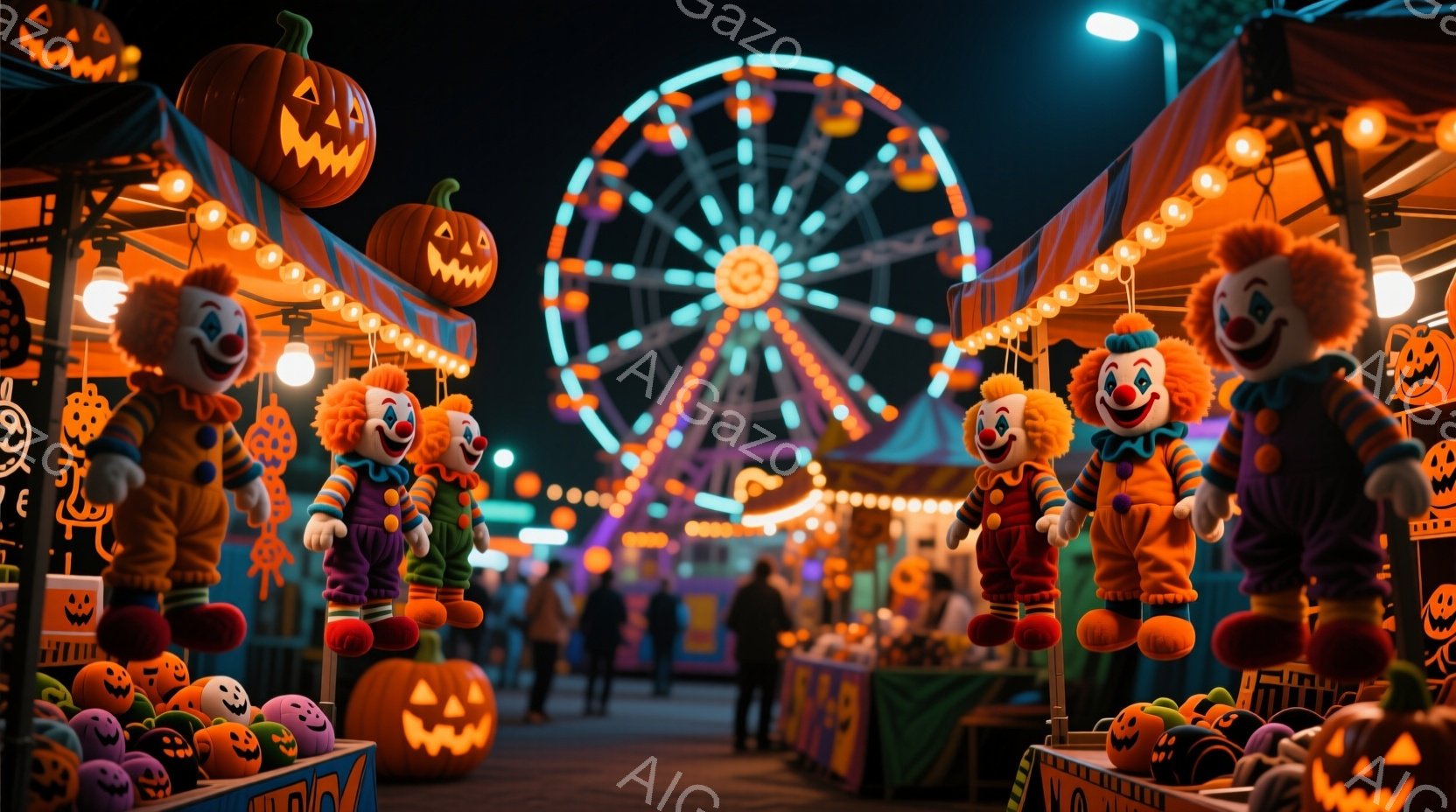 ハロウィーンの夜の賑やかな祭りの様子が描かれています。屋台にはカラフルな縫いぐるみの道化師やカボチャが飾られ、背景にはライトアップされた観覧車が見えます。多くの人々が楽しそうに歩き回り、暖かい光が全体 - AI生成フリー素材