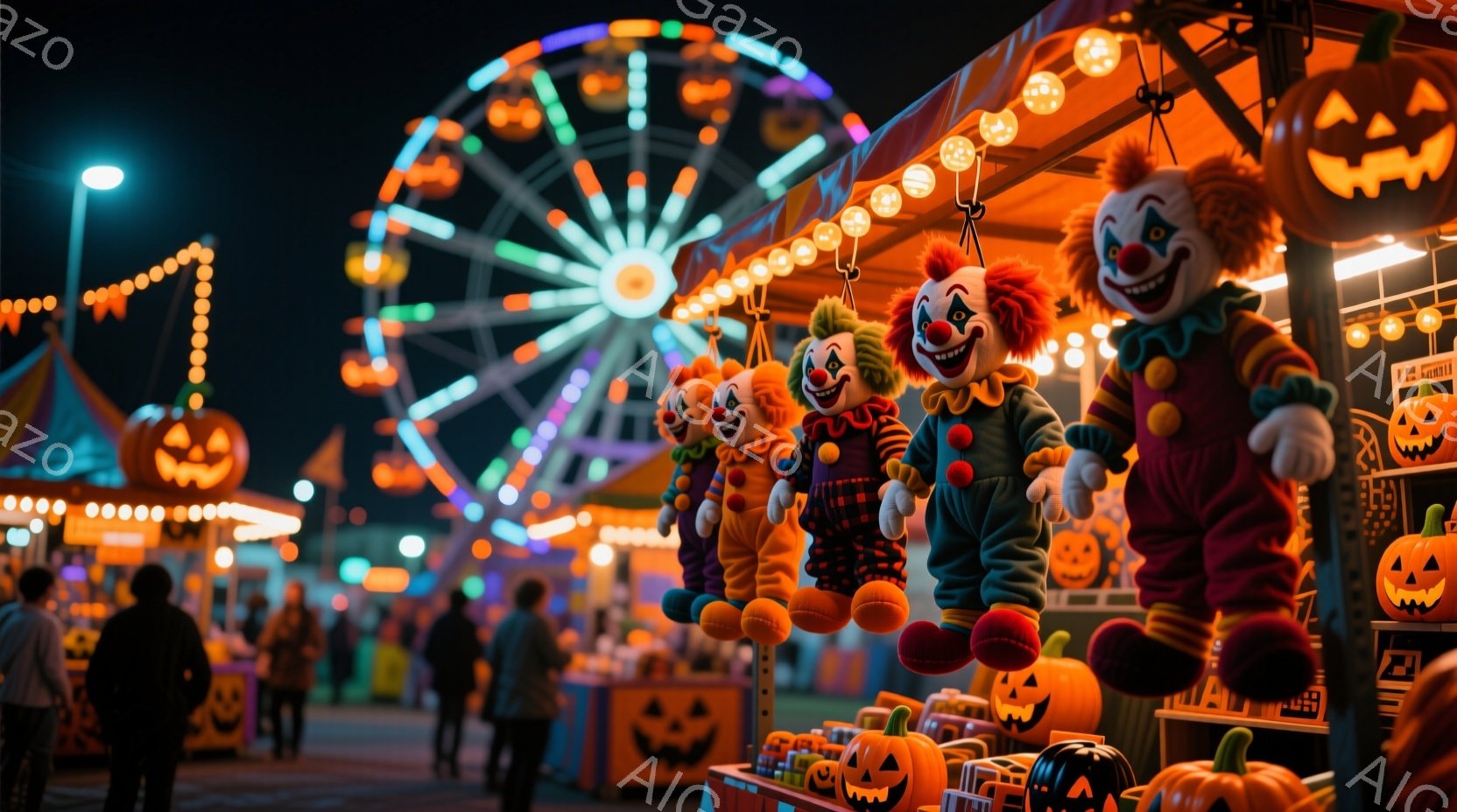 夜の遊園地の一角で、ハロウィーンの装飾が施された屋台が映っている。カラフルなピエロのぬいぐるみや、様々な表情をしたジャック・オ・ランタンが所狭しと並べられ、賑やかな雰囲気を演出している。背景には、光り - AI生成フリー素材