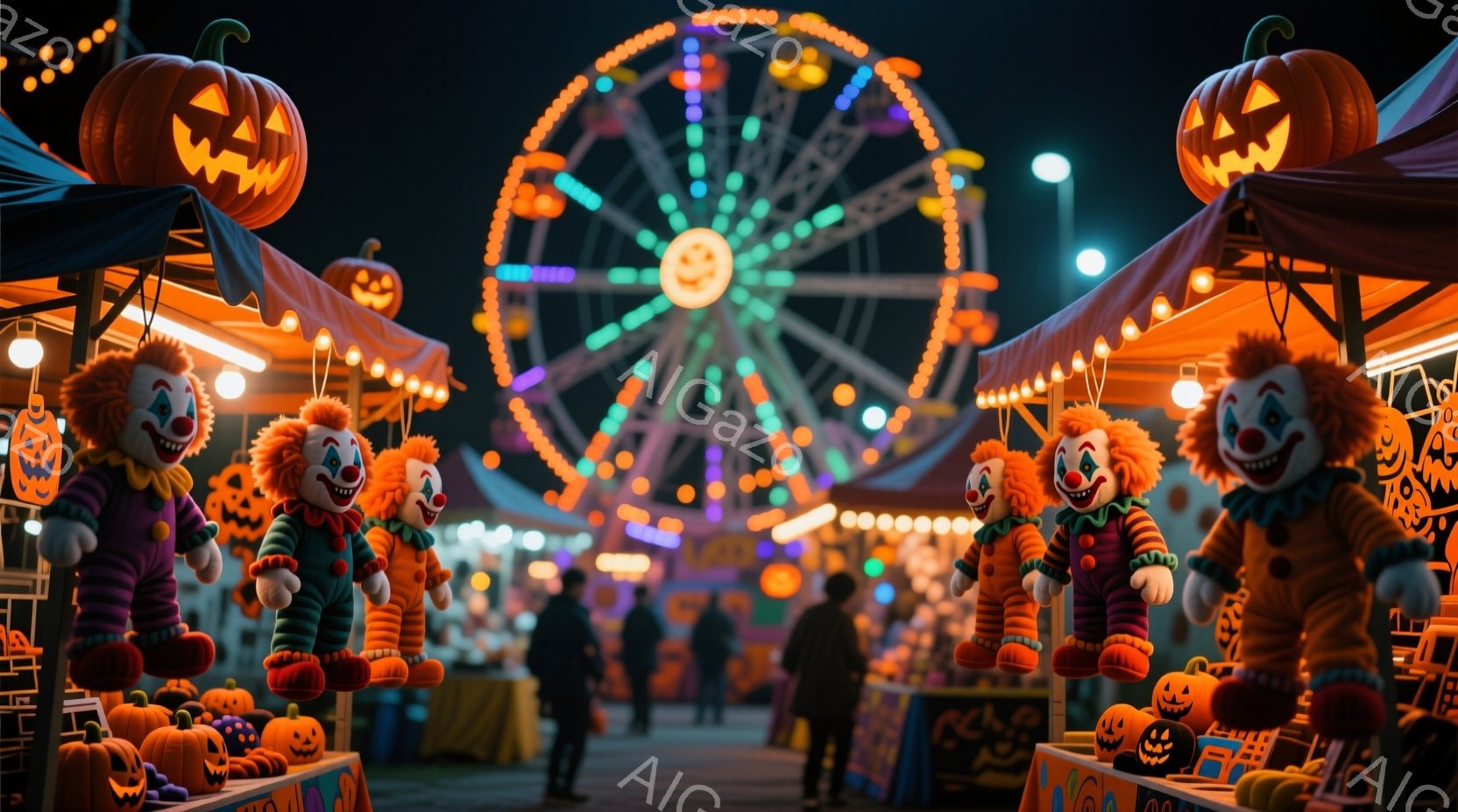 夜の遊園地で、たくさんのカボチャと道化師のぬいぐるみがお化け屋敷のような屋台に飾られています。背景には、色とりどりのライトで輝く観覧車が見え、多くの人々が楽しんでいる様子が伺えます。全体的にハロウィーンの雰囲気で、楽しさと少しの不気味さが混ざり合った、幻想的な光景です。