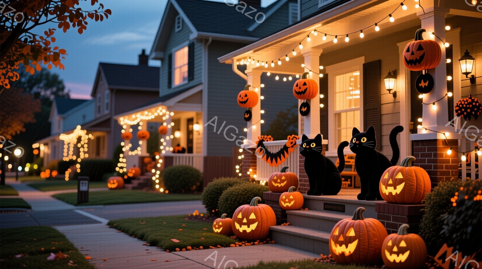 ハロウィーンの飾り付けがされた住宅街の風景です。家々の前に、様々な大きさのジャック・オ・ランタンや黒猫の置物が飾られ、オレンジ色のライトが通り全体を照らしています。穏やかな夕暮れ時で、住宅街は温かく、 - AI生成フリー素材