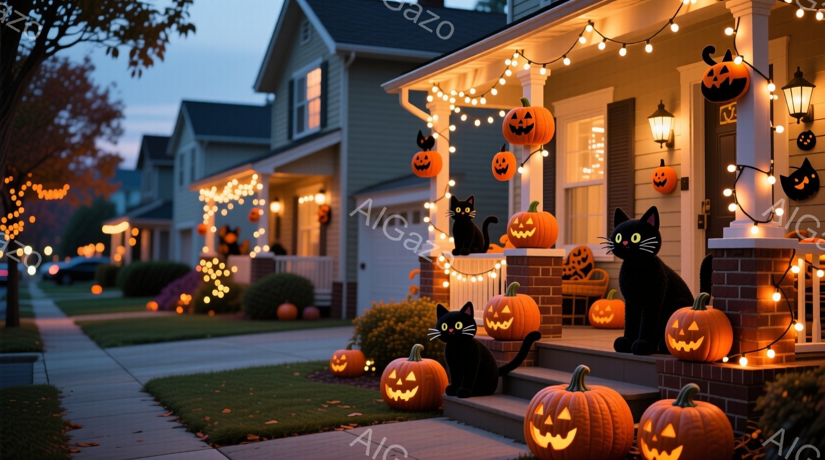 ハロウィーンの飾り付けがされた一軒家が写っています。玄関先には、さまざまな大きさのジャック・オー・ランタンと黒猫の置物が整然と並べられ、オレンジ色の温かい光が灯っています。背景には、同様にハロウィーン - AI生成フリー素材
