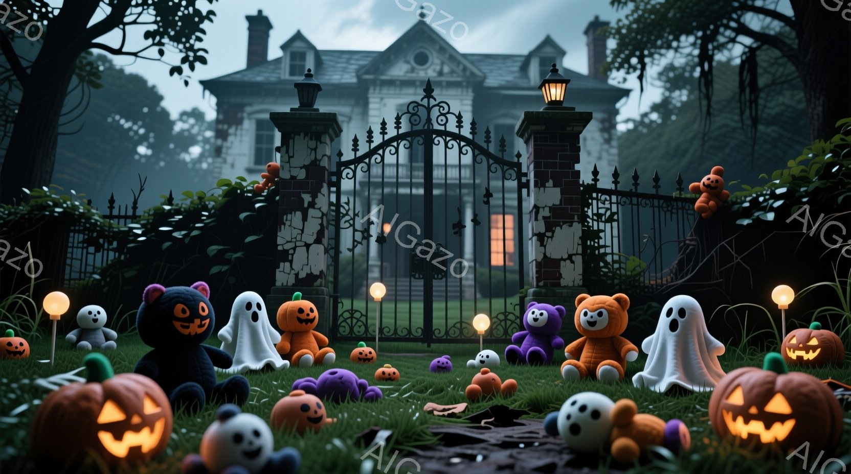 庭には様々なハロウィーンのキャラクターのおもちゃが散らばっており、カボチャ、お化け、猫、クマなどが可愛らしい姿で並んでいます。背景には、暗いシルエットで描かれたゴシック様式の屋敷と、鉄製の門が見え、暗い空と茂った木々が不気味な雰囲気を醸し出しています。全体的に、可愛らしいおもちゃと暗い背景のコントラストが、ハロウィーンの少し不気味で楽しい雰囲気を表現しています。