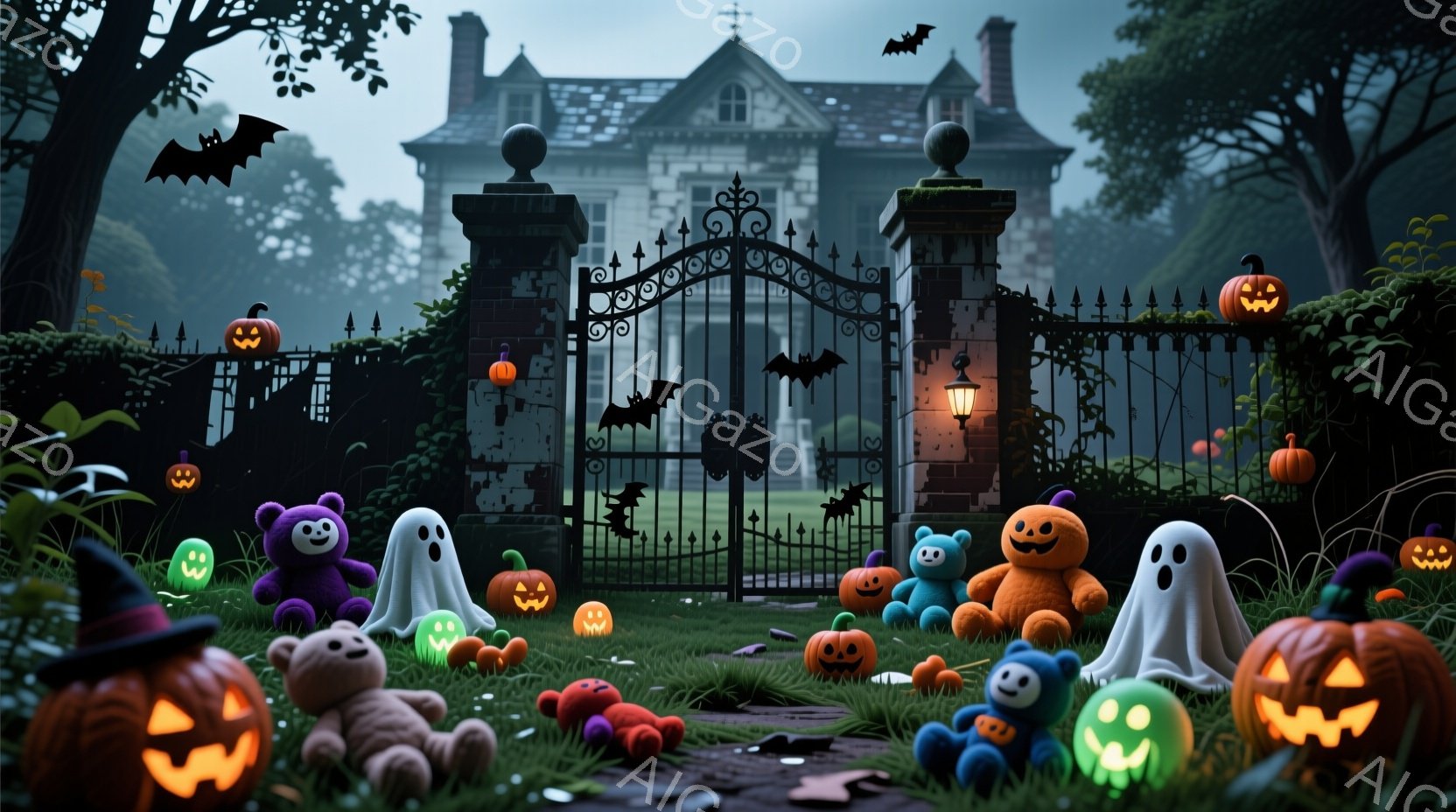 不気味な屋敷の前に、ハロウィーンの飾り付けが散りばめられた庭が広がっています。カボチャのランタン、お化け、テディベアなどの可愛らしい装飾品が、暗い背景とのコントラストで一層際立っています。夜空にはコウモリが舞い、薄暗い光が不気味な雰囲気を醸し出しています。