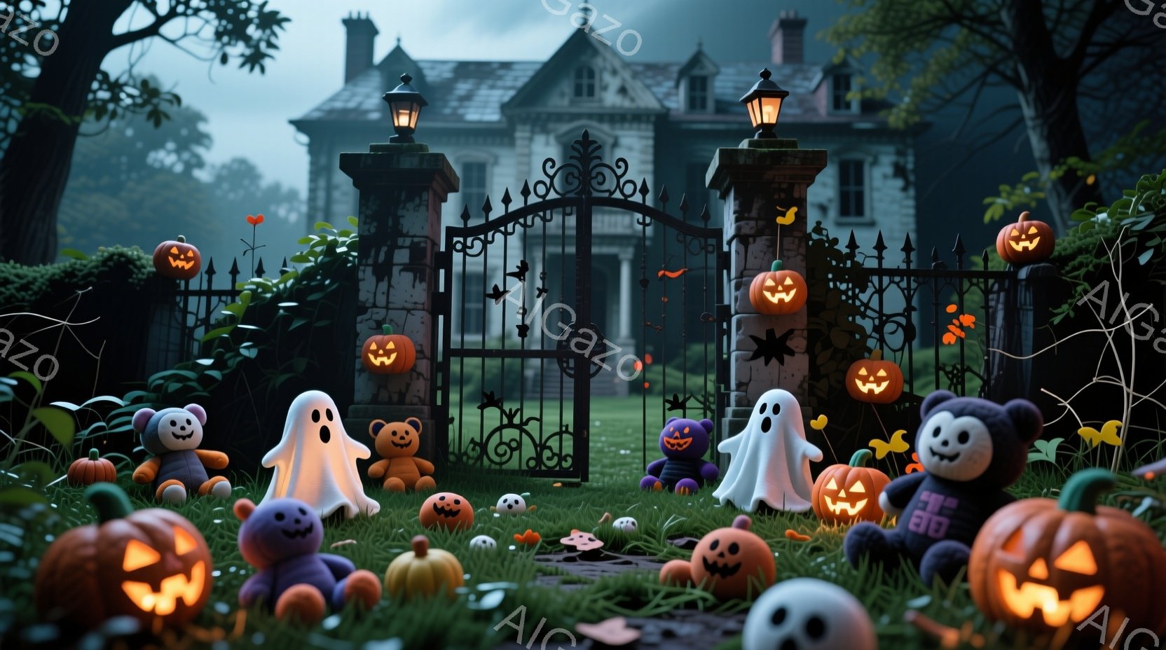 鉄柵に沿って様々なハロウィーンの飾り付けが並び、可愛らしいお化けやクマのぬいぐるみ、カボチャのランタンが置かれている。背景には、暗い森に囲まれた古風な屋敷がそびえ立ち、少し不気味ながらも可愛らしい雰囲気を醸し出している。全体的に緑豊かな草地と、薄暗い天候が、ハロウィーンの夜の静けさと幻想的な雰囲気を強調している。