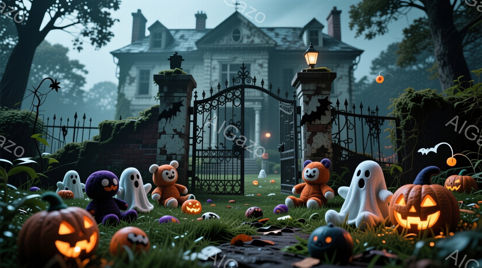 荒れ果てた屋敷の前に、様々なハロウィーンの装飾が並べられています。カボチャのランタンや可愛いお化け、テディベアが芝生の上に点在し、不気味ながらも愛らしい雰囲気を醸し出しています。背景には霧がかかった森 - AI生成フリー素材