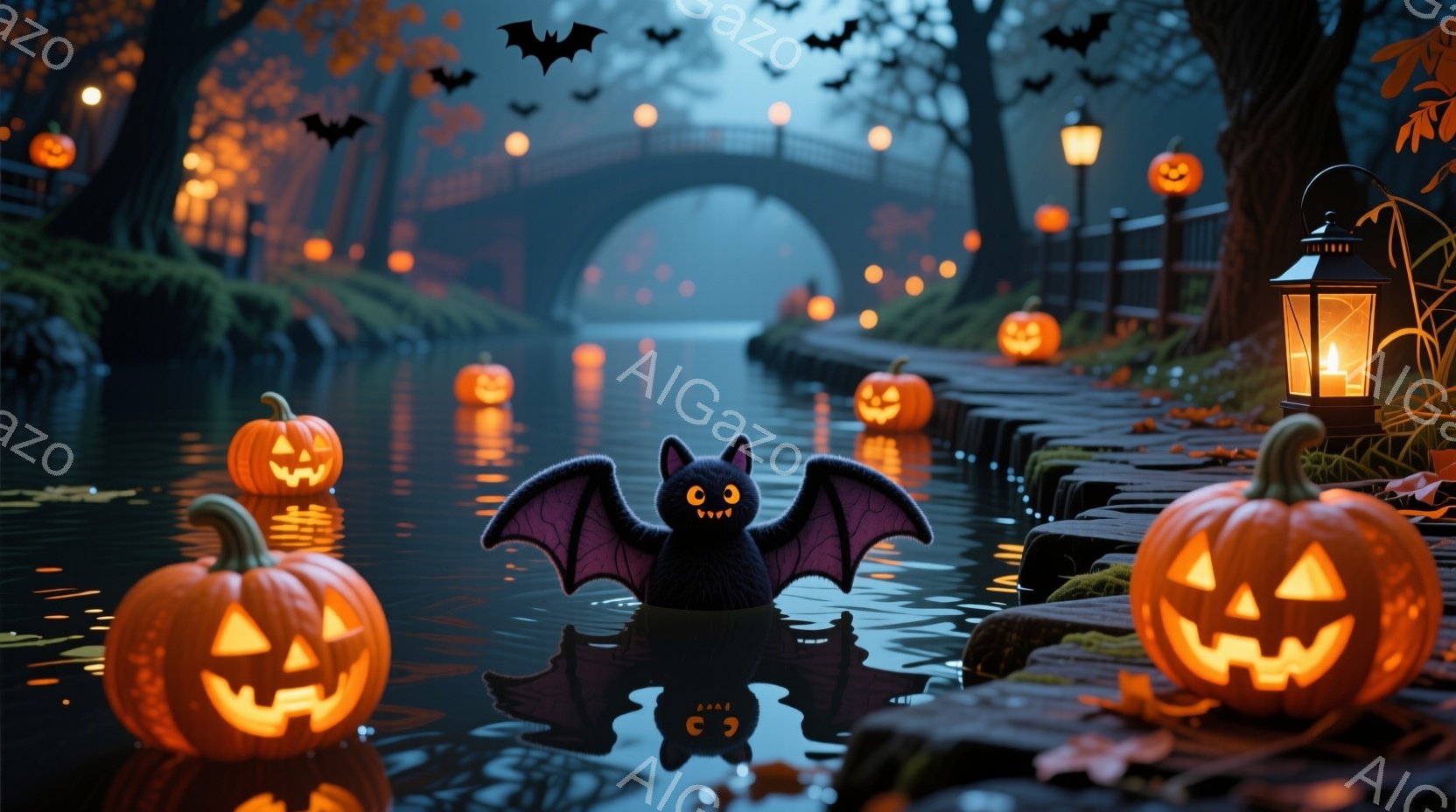 夜の運河に沿ってカボチャのランタンが並び、ハロウィーンの雰囲気を醸し出しています。中央には黒いコウモリが水面に反射し、周囲の木々や石畳の道と共に幻想的な光景を作り出しています。暗い夜空にはコウモリが舞い、全体的に不気味ながらも温かいハロウィーンの夜の雰囲気が漂っています。