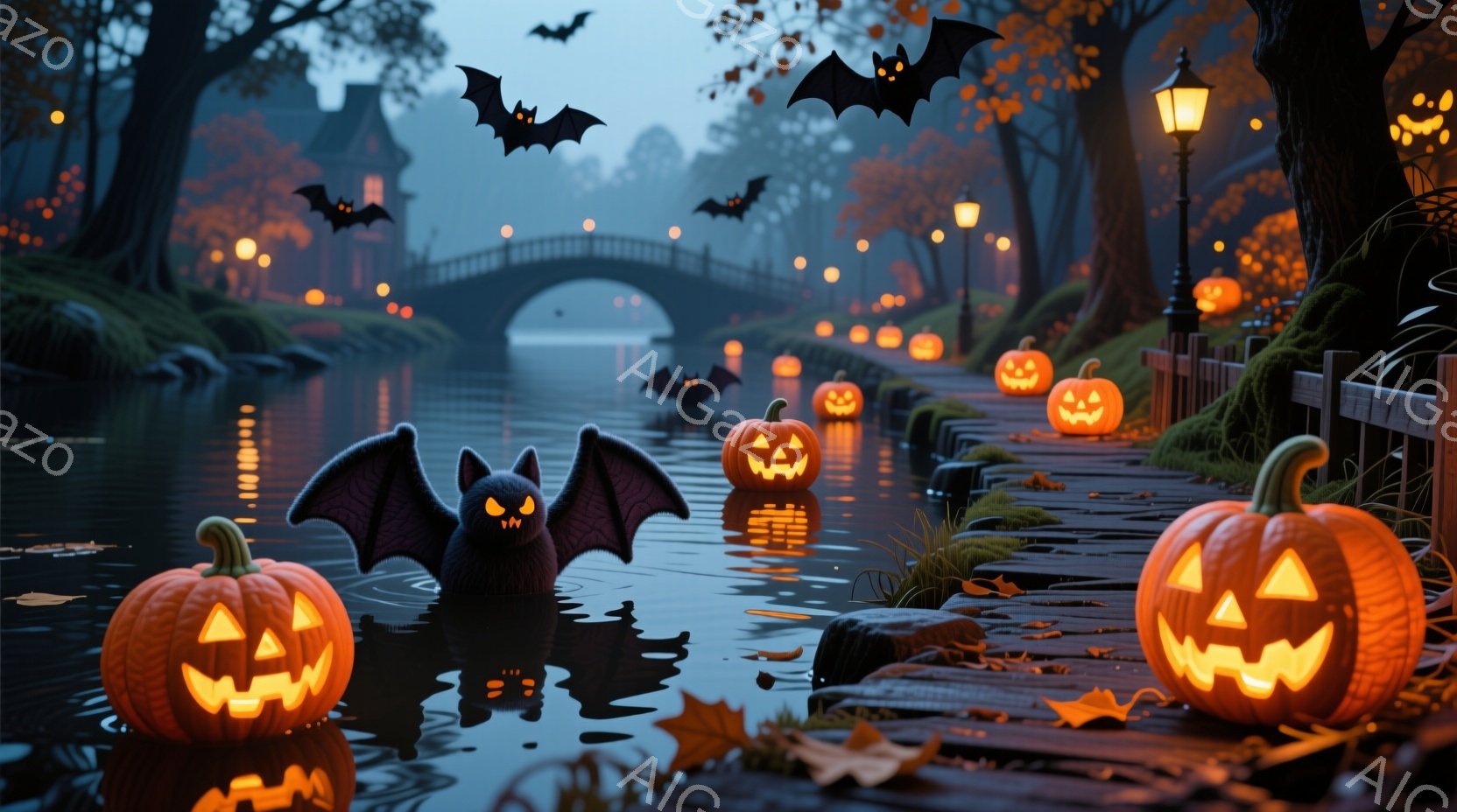 霧深い夜の運河に、数多くのジャック・オ・ランタンが浮かび、ハロウィンの雰囲気を醸し出している。運河沿いの木々の葉は色づき、古い石造りの橋と合わさり、幻想的な光景を作り出している。夜空にはコウモリが舞い、さらに不気味で神秘的な雰囲気を添えている。