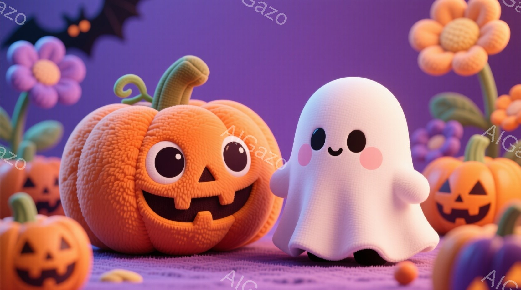 明るい紫色の背景に、愛らしいハロウィーンのキャラクターたちが並んでいます。丸くてふわふわのオレンジ色のカボチャと、白い幽霊が、大きな目と笑顔で可愛らしさを際立たせています。背景には、小さなカボチャや花 - AI生成フリー素材