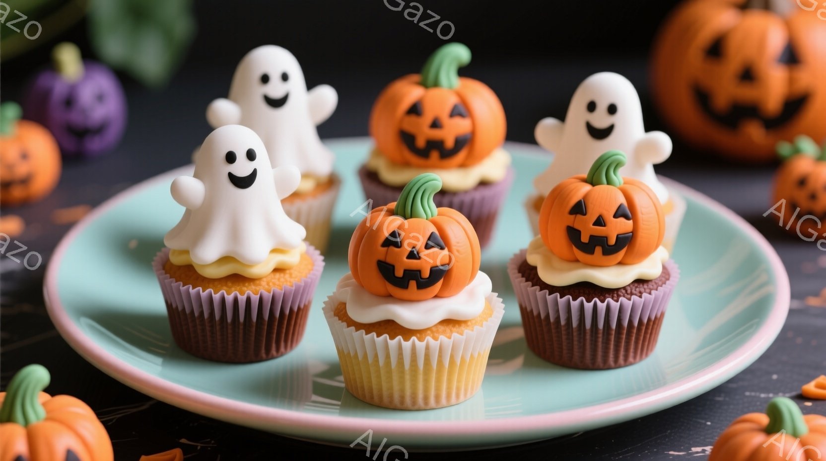 鮮やかなターコイズ色の皿に、ハロウィンをテーマにしたカップケーキが並べられています。各カップケーキには、かわいらしいお化けやジャック・オ・ランタンのデコレーションが施されており、紫とオレンジの紙製のカ - AI生成フリー素材