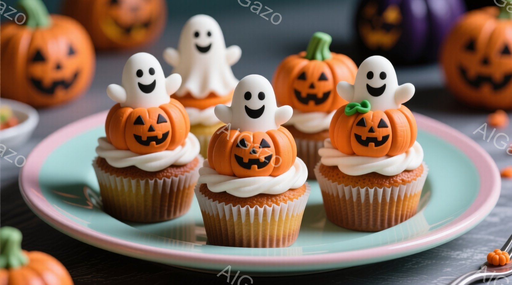 ハロウィンをテーマにしたカップケーキが盛り付けられた皿の写真です。オレンジ色のカップケーキの上に白いクリームが乗せられ、その上にカボチャや幽霊のデコレーションが施されています。背景には、オレンジ色の小 - AI生成フリー素材