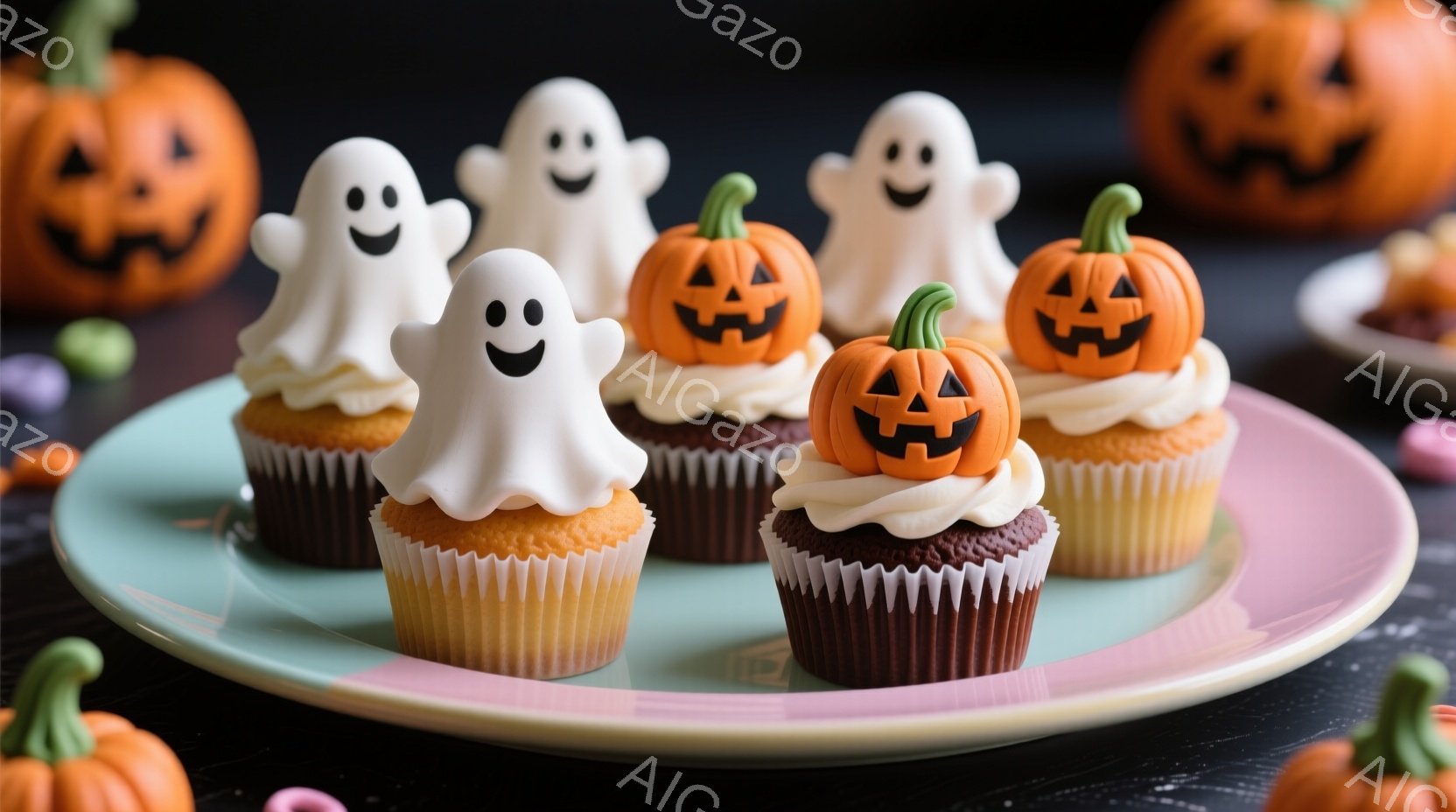 鮮やかな緑色の皿に、ハロウィーンをテーマにしたカップケーキが並べられています。白く可愛らしいお化けやオレンジ色のジャック・オー・ランタンのクリームが飾られたカップケーキは、それぞれ異なる色のラッピング - AI生成フリー素材