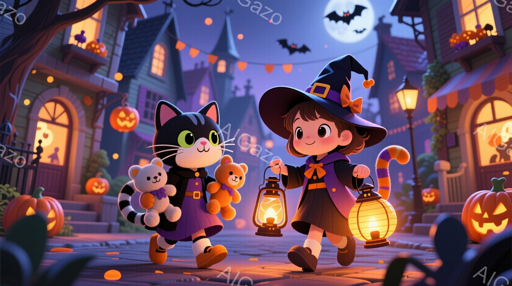 魔女の帽子をかぶった少女が、黒猫と手をつないで石畳の道を歩いている。彼女は紫色のドレスとオレンジ色の靴を履いており、両手に提灯を持って、少し微笑んでいる。背景には、カボチャが飾られた家々が立ち並び、月 - AI生成フリー素材