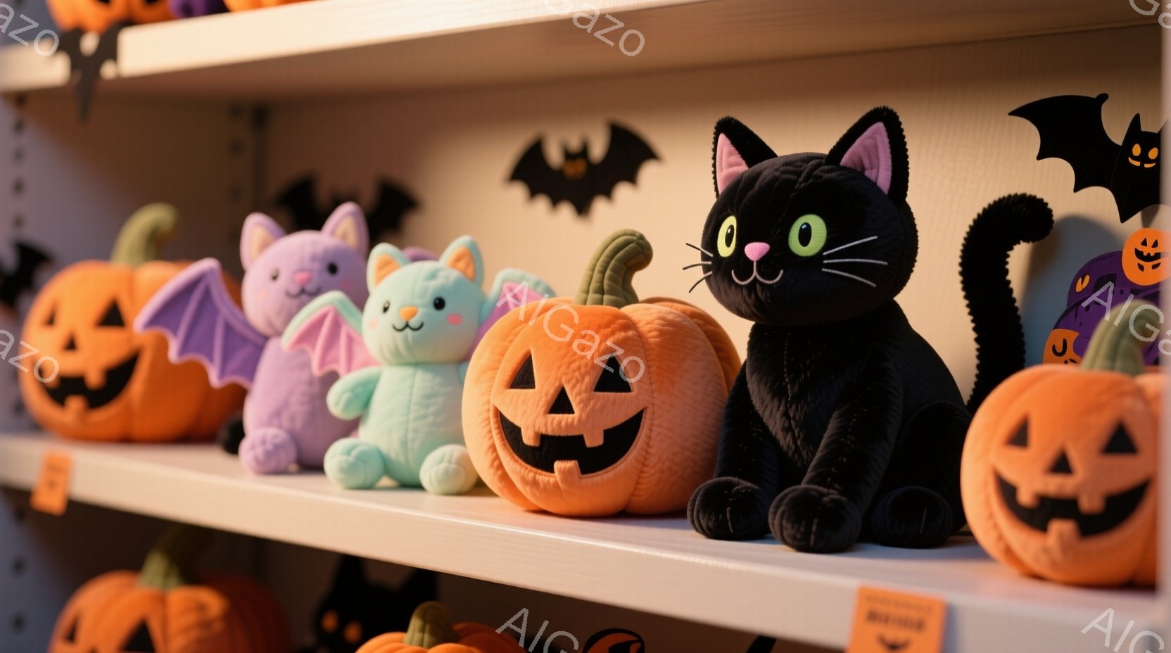 白い棚にハロウィーンのぬいぐるみたちが並べられています。黒い猫のぬいぐるみ、オレンジ色のカボチャ、紫色のバット、水色のユニコーンなど、さまざまなキャラクターが可愛らしく並んでおり、背景には黒いバットの - AI生成フリー素材