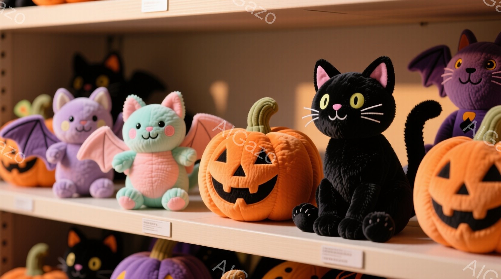 棚には、ハロウィーンをテーマにしたぬいぐるみたちが並んでいます。紫色のコウモリ、水色のコウモリ、黒猫、そしてジャック・オー・ランタンのぬいぐるみが、それぞれ可愛らしい表情で座っています。背景は木製の棚 - AI生成フリー素材