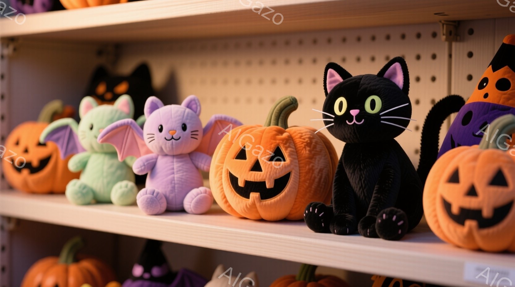 白い棚には、ハロウィーンをテーマにした様々なぬいぐるみが並んでいます。紫色のコウモリのぬいぐるみ、オレンジ色のジャック・オ・ランタンのぬいぐるみ、そして黒い猫のぬいぐるみが特に目立ち、それぞれ可愛らし - AI生成フリー素材