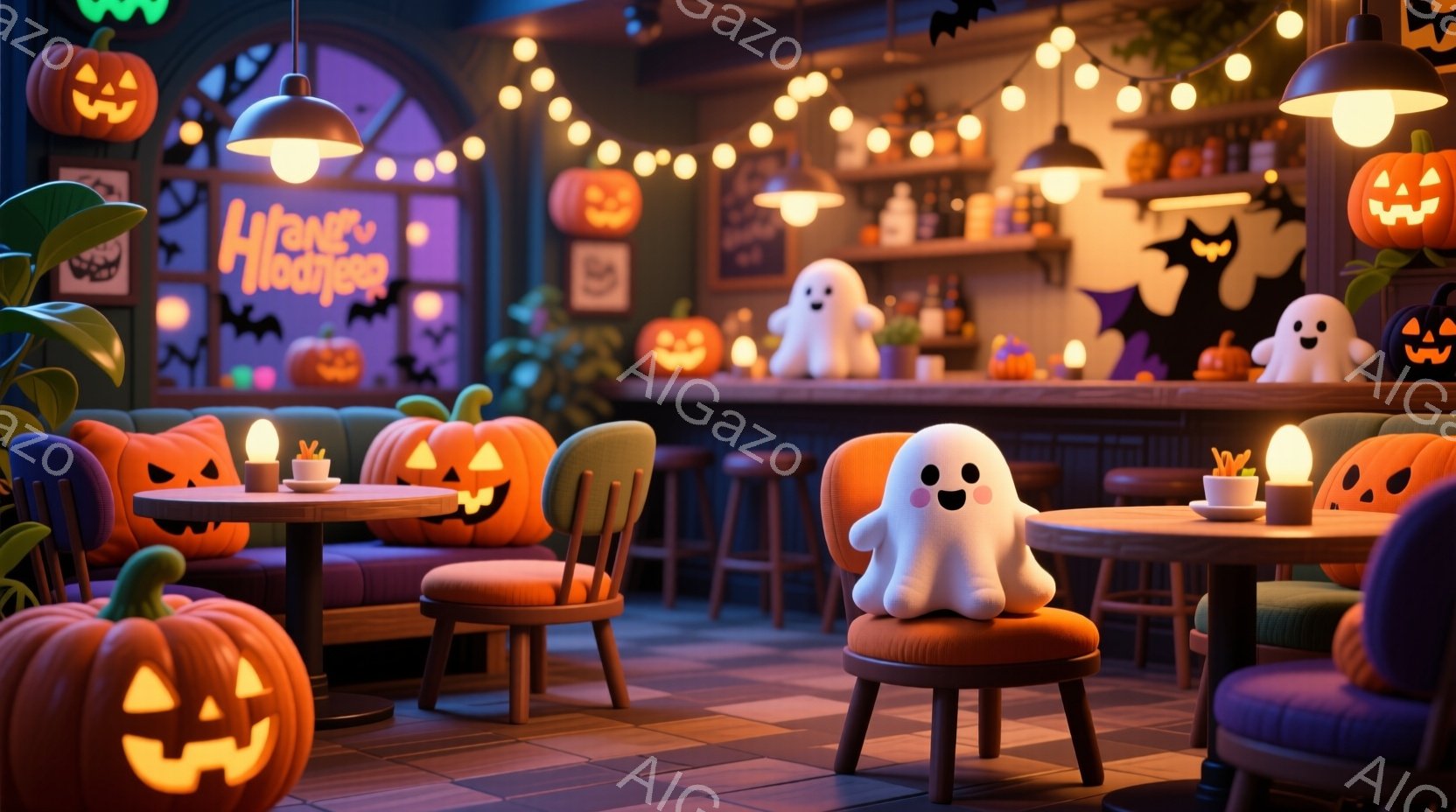 人形を使ったホログラフィックの「ハロウィン」パーティが描かれています。室内で、家族が待機しており、一部の人形には靴箱が装着されていることがわかります。背景にはホログラフィックの「ハロウィン」パーティの様子が表現されており、霊柩車も含まれていることで、イベントの盛り上がりを感じることができます。