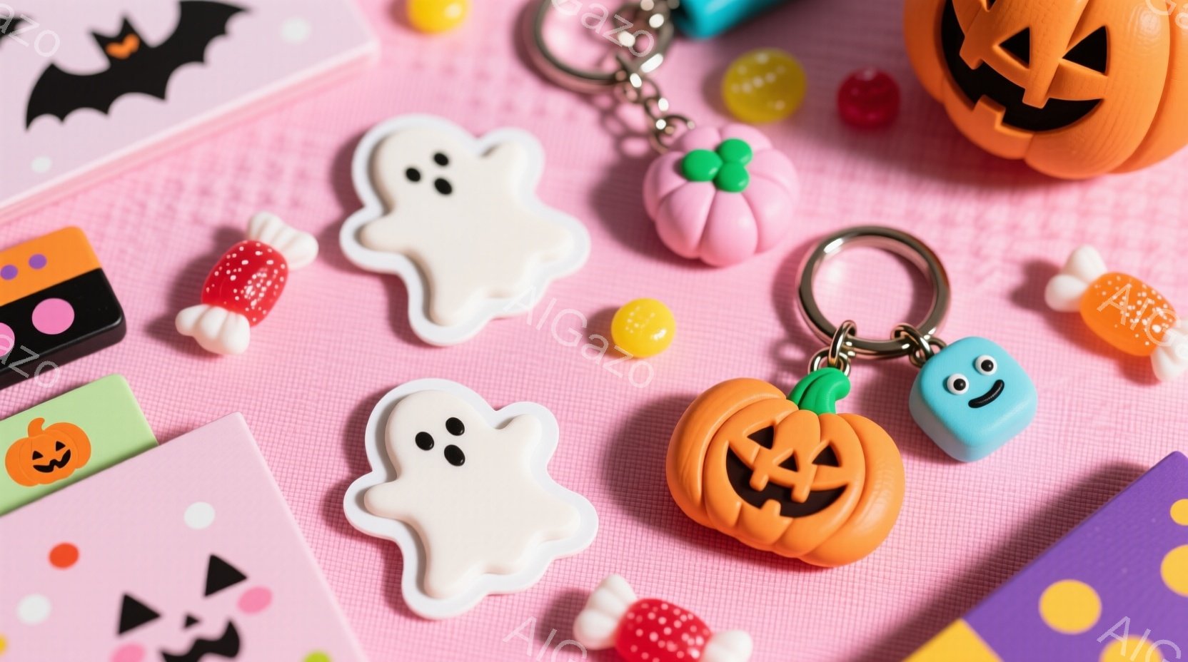 ピンク色の背景に、ハロウィーンをテーマにした様々な可愛らしい置物が散りばめられています。幽霊、カボチャ、コウモリの形をした置物や、キャンディー、お菓子などが配置され、明るくポップな印象を与えます。全体 - AI生成フリー素材