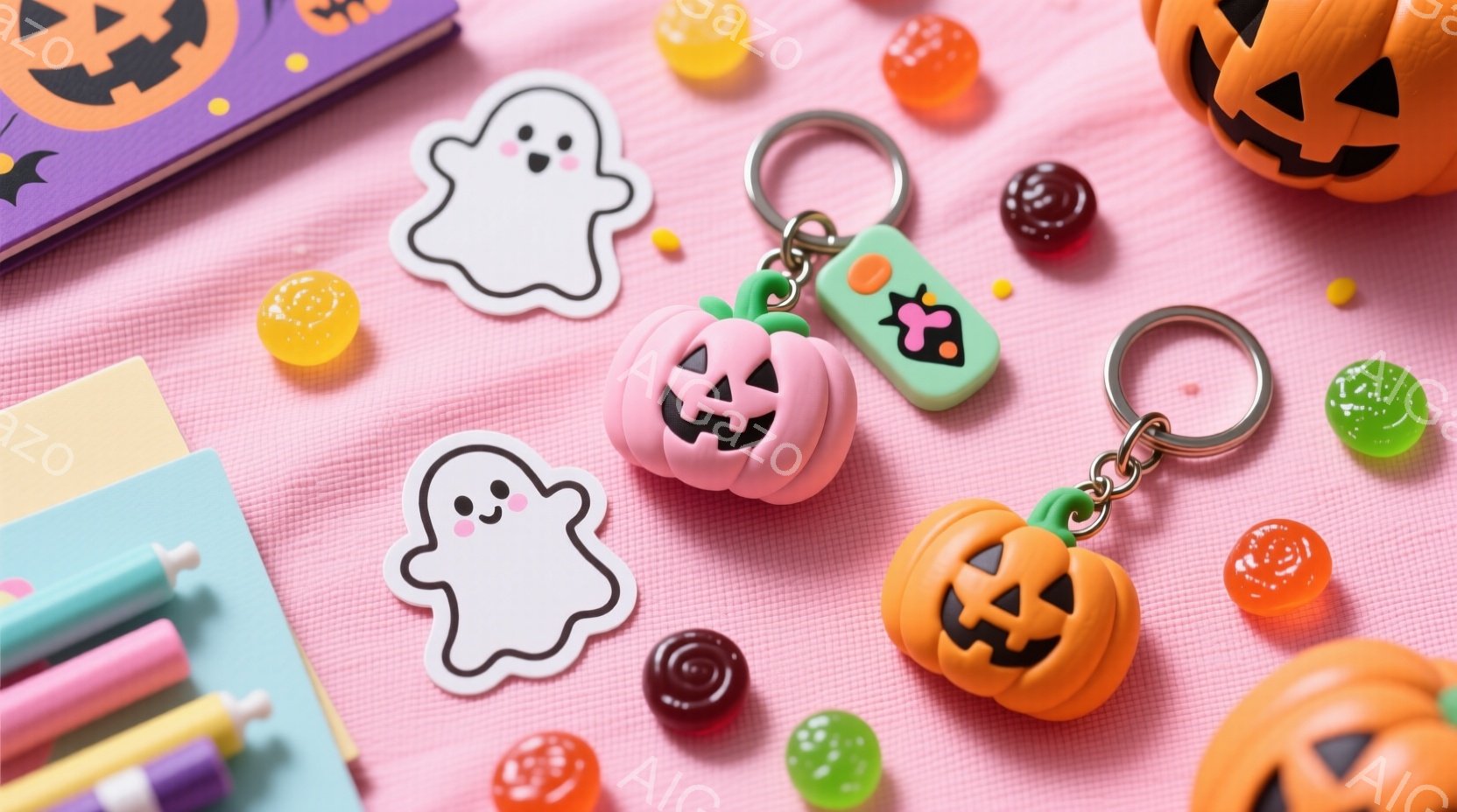 明るいピンク色の背景に、ハロウィーンをテーマにした様々な小物が散りばめられています。カボチャのキーホルダーや、お化けのステッカー、カラフルなキャンディーが可愛らしく配置され、ハロウィーンの楽しさを表現 - AI生成フリー素材