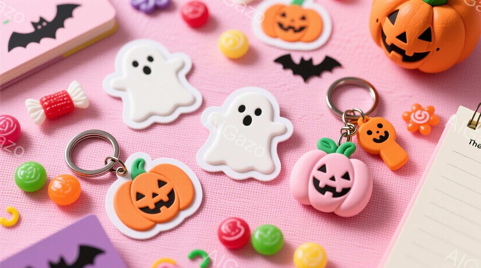 明るいピンク色の背景に、ハロウィーンをテーマにした様々な可愛いアイテムが散りばめられています。カボチャのキーホルダーや、お化けの形をした飾り、カラフルなキャンディーが並び、全体的にポップで楽しい雰囲気 - AI生成フリー素材