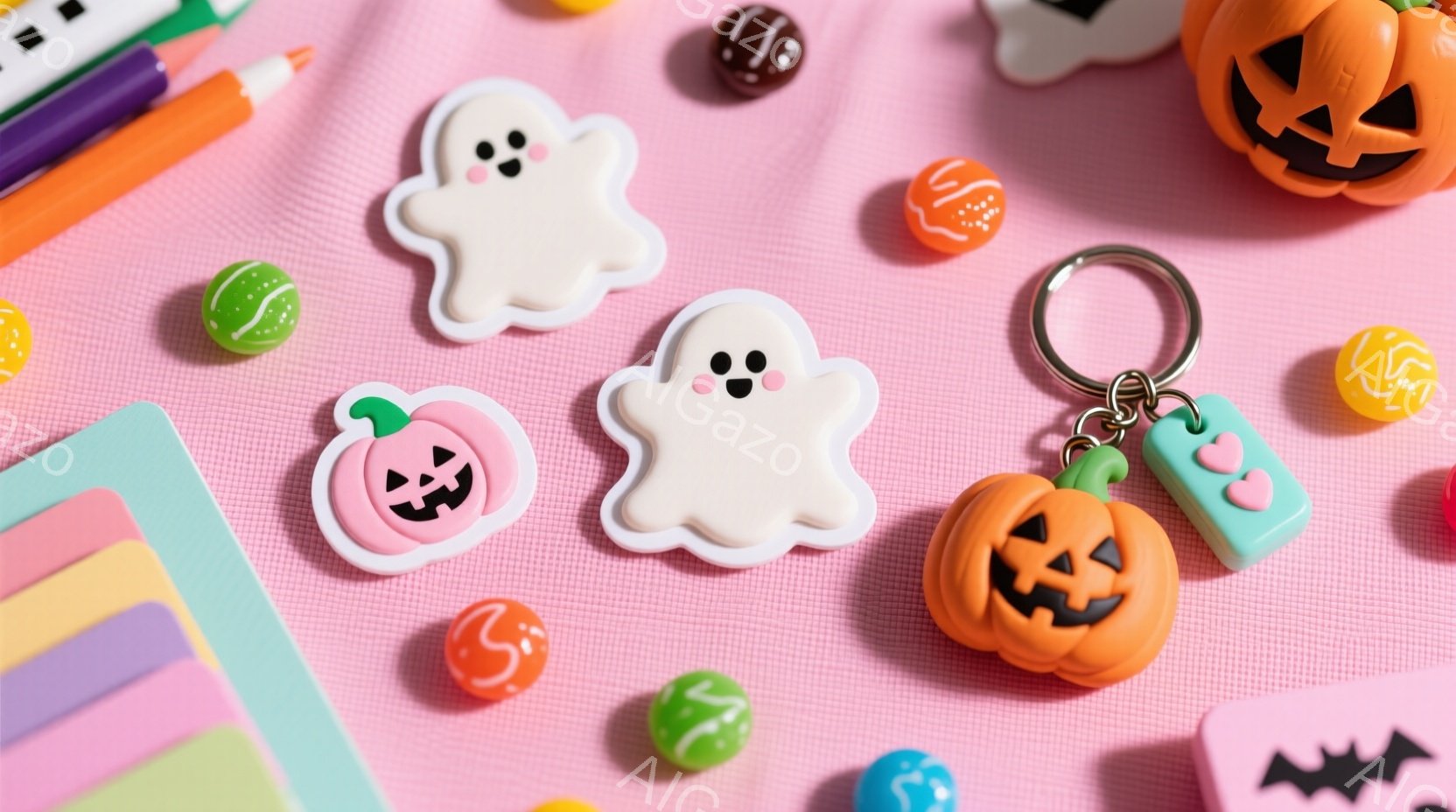 ピンク色の背景に、ハロウィーンをテーマにした可愛い小物が散りばめられています。カボチャやゴーストの形のアクセサリー、キャンディー、そして小さなキーホルダーが並び、全体的にポップで遊び心のある雰囲気が漂 - AI生成フリー素材
