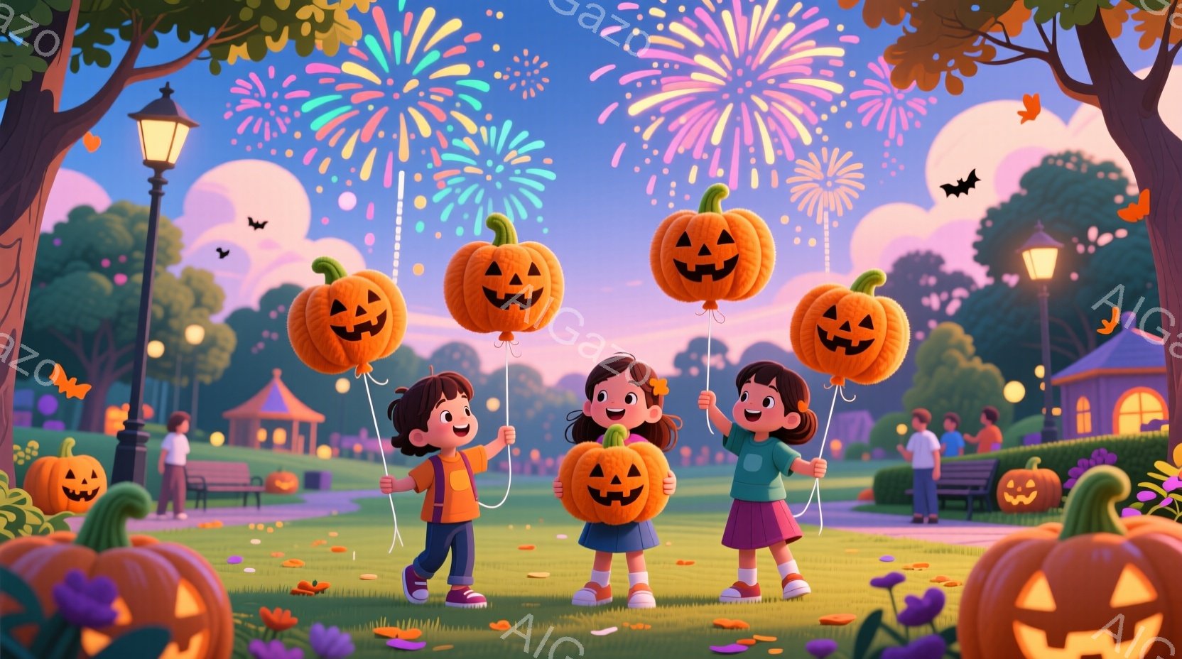 三人の子供たちが、ハロウィンのカボチャのバルーンを持って公園に立っています。オレンジ色の髪の男の子は紫色のシャツにピンク色のズボン、茶色の髪の女の子は緑のシャツとピンクのスカート、黒髪の女の子は青いシ - AI生成フリー素材