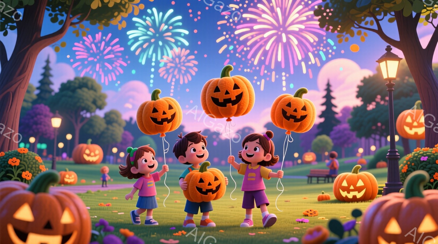 3人の子供たちは、それぞれハロウィンのカボチャの風船を持って立っており、明るい笑顔を浮かべています。女の子はピンク色の髪を結び、黄色のシャツと紫色のズボンを着用し、男の子は茶色の髪で、同様の服装をして - AI生成フリー素材