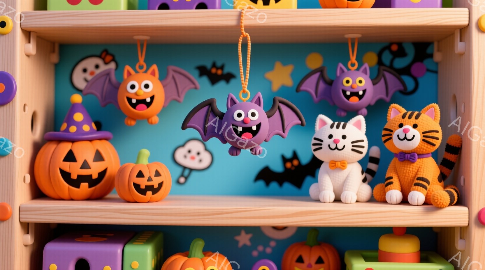 カラフルなハロウィーンの飾り付けが棚に並んでいます。カボチャのランタン、コウモリ、ネコ、ゴーストが可愛らしい表情で並び、それぞれがハロウィーンらしい装飾をしています。背景は鮮やかな青色で、星が散りばめ - AI生成フリー素材