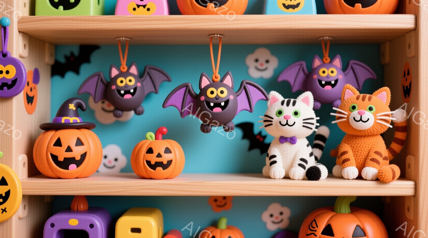 木の棚には、ハロウィーンをテーマにしたおもちゃが並べられています。カボチャのランタン、幽霊、コウモリ、そしてオレンジと白の猫のぬいぐるみがあります。全体的に明るく、お祝いムードで、お祭りの準備をしてい - AI生成フリー素材