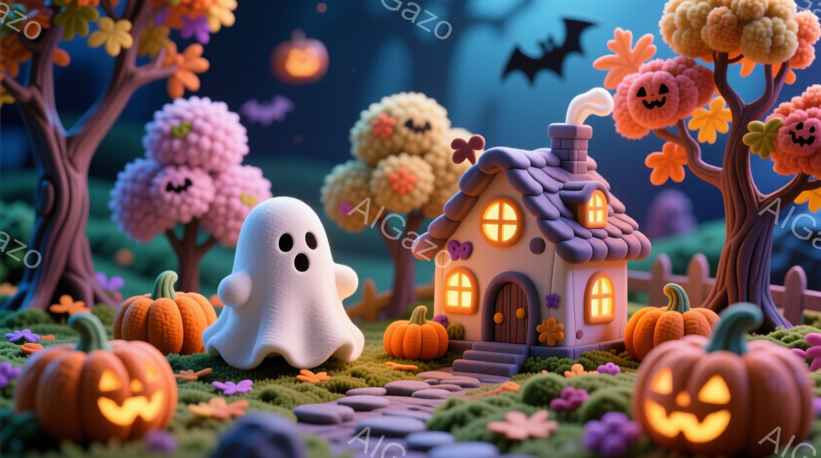 柔らかい色合いで表現されたハロウィーンの風景で、可愛らしいお化けが小さな家の前に立っています。背景には、カボチャの形をした葉をつけた木々や、灯りがともったカボチャが散りばめられ、夜空にはコウモリが舞っ - AI生成フリー素材
