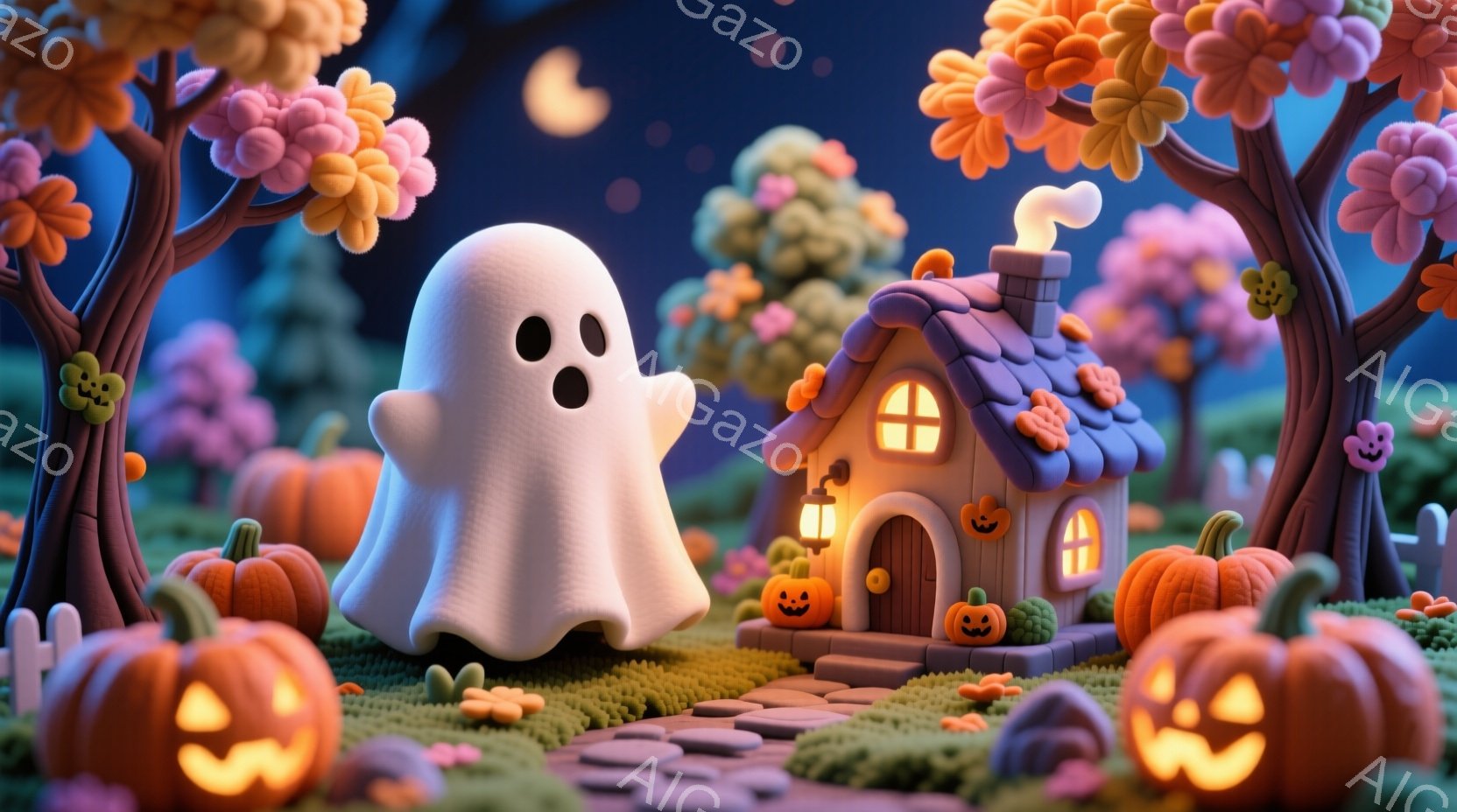 可愛らしいお化けが、ハロウィーンの装飾がされた小さな家に浮かんでいます。背景には、オレンジと紫の葉を持つ木々が生い茂り、家々の周りには明るく輝くカボチャが散りばめられています。全体的に、夢のような、暖 - AI生成フリー素材