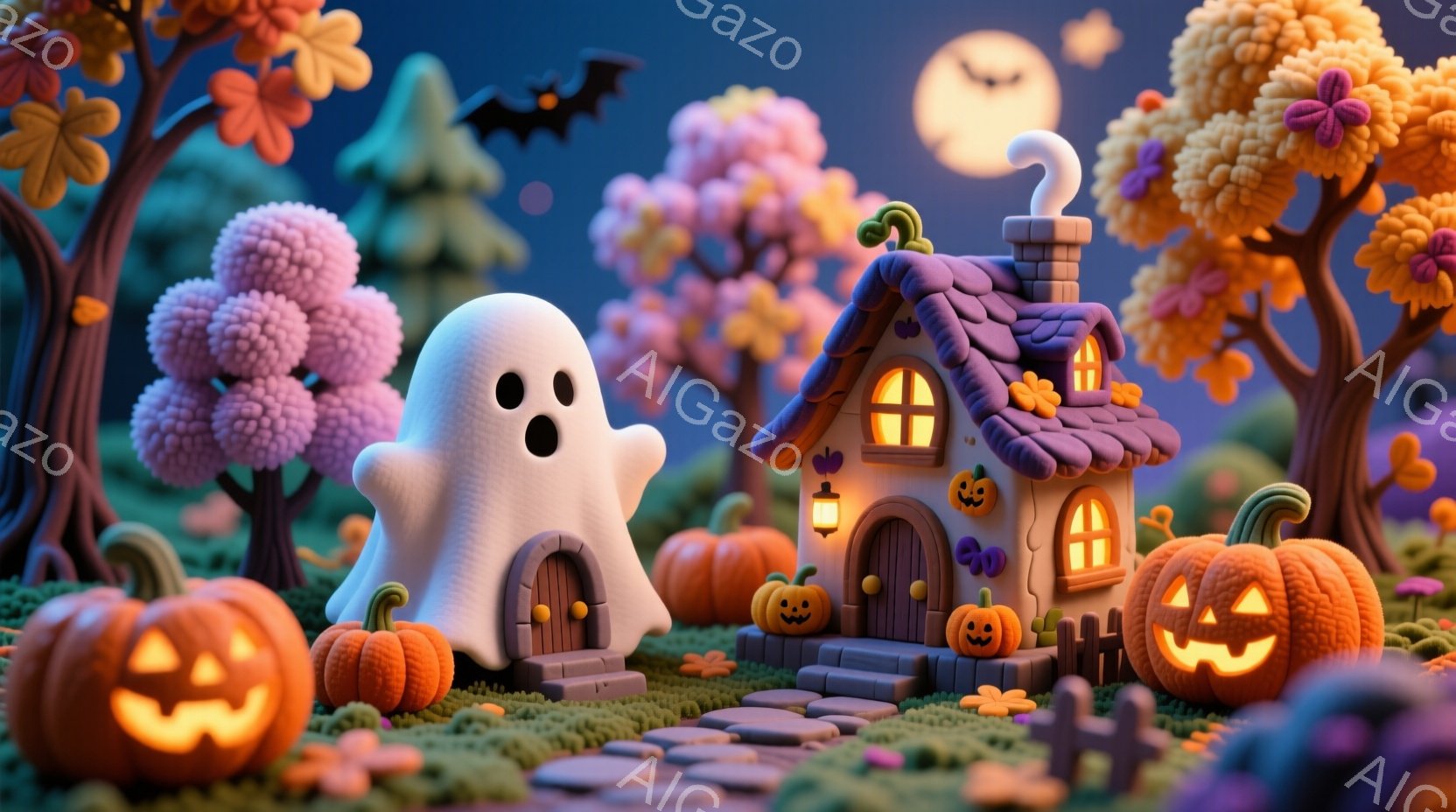 夜のハロウィーンの風景が描かれています。紫色の屋根の可愛らしい家と、周りにはたくさんのジャック・オー・ランタン、そしてお化けがいます。背景には、オレンジ色と紫色の葉を持つ木々が立ち並び、暗い空には満月 - AI生成フリー素材