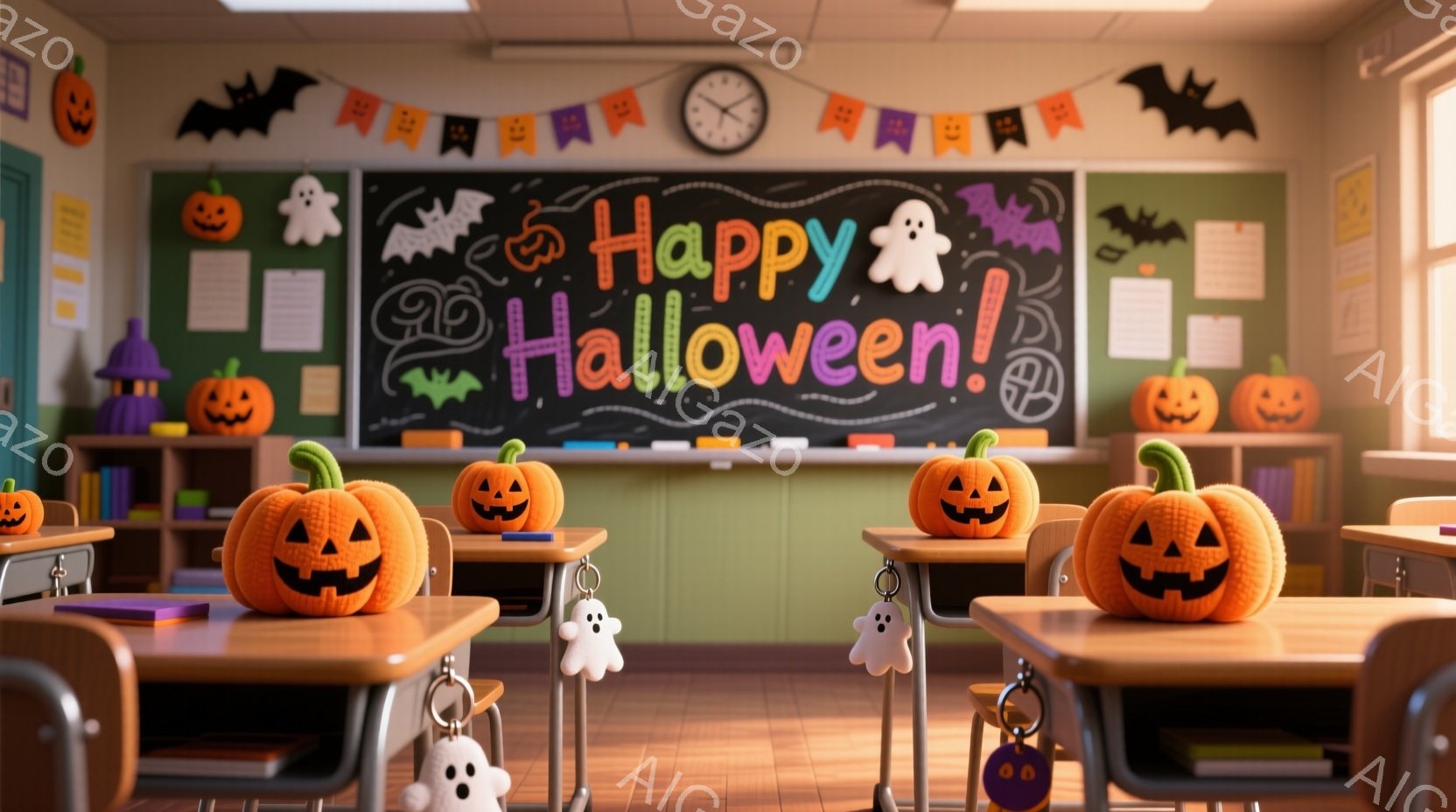 ハロウィーンの装飾が施された教室が描かれています。黒板には「Happy Halloween!」と書かれ、かぼちゃや幽霊の飾り付けがされています。机の上には、可愛らしいカボチャの置物と幽霊のキーホルダー - AI生成フリー素材