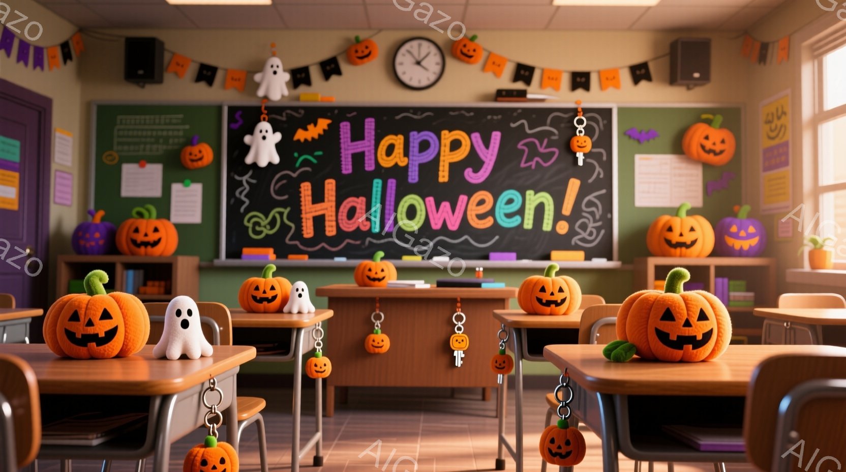 ハロウィーンの飾り付けがされた教室です。黒板には「Happy Halloween」と書かれており、周りにはカボチャや幽霊のイラストが描かれています。机の上や周りには様々な大きさのカボチャの置物やハロウィーンのオーナメントが飾られ、教室全体が祝祭的な雰囲気で満たされています。
