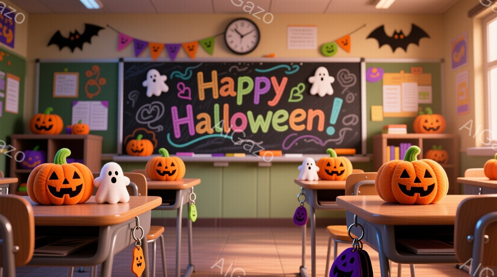 ハロウィーンの装飾が施された教室が描かれています。黒板には「Happy Halloween」と書かれ、カボチャやお化けのイラストが添えられています。教室の机の上には、カボチャのランタンや可愛いお化けの - AI生成フリー素材