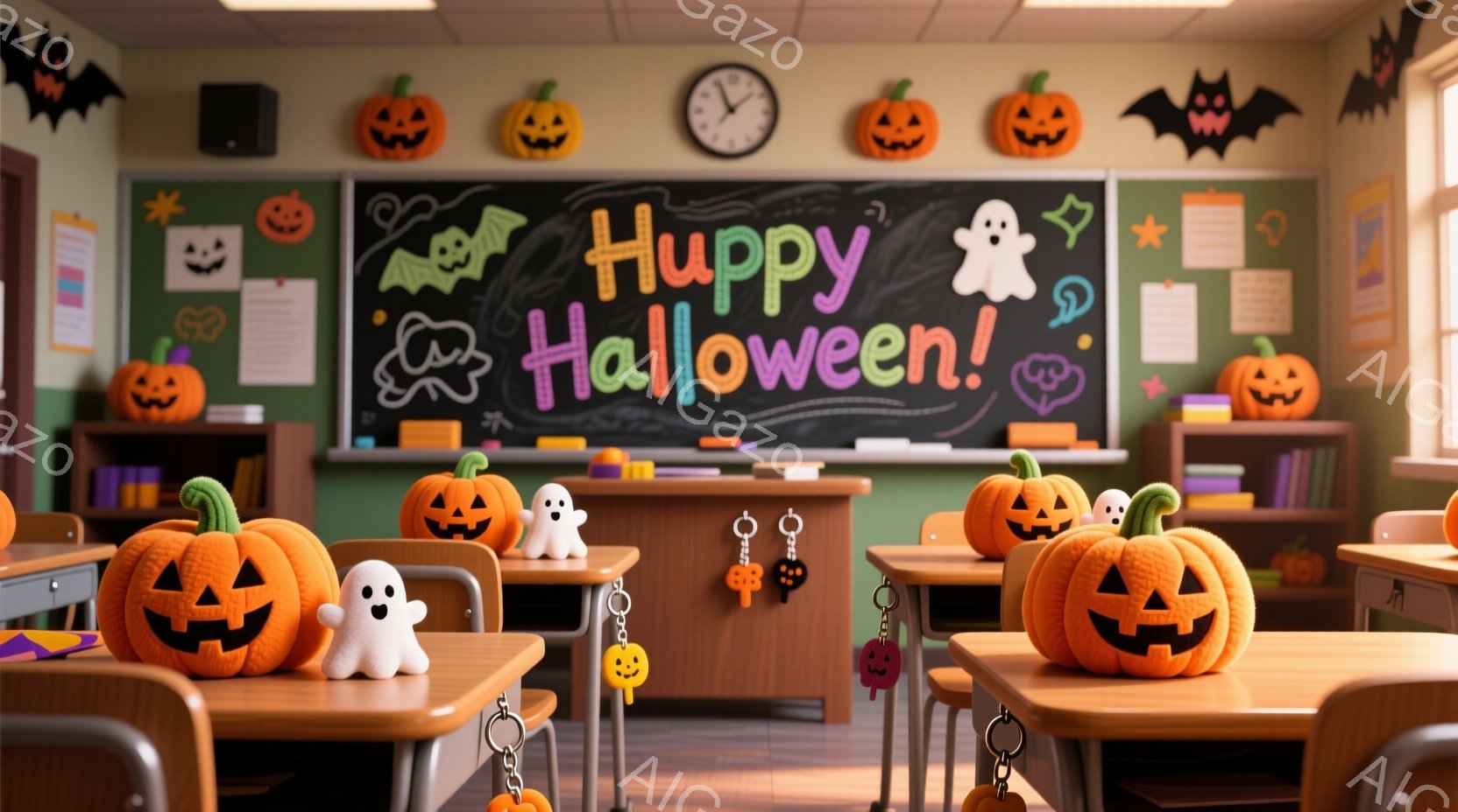 教室の中には、ハロウィーンの飾り付けがたくさんあり、机の上にはジャック・オー・ランタンが置かれています。黒板には「Happy Halloween」というメッセージと、幽霊やコウモリなどのハロウィーンら - AI生成フリー素材