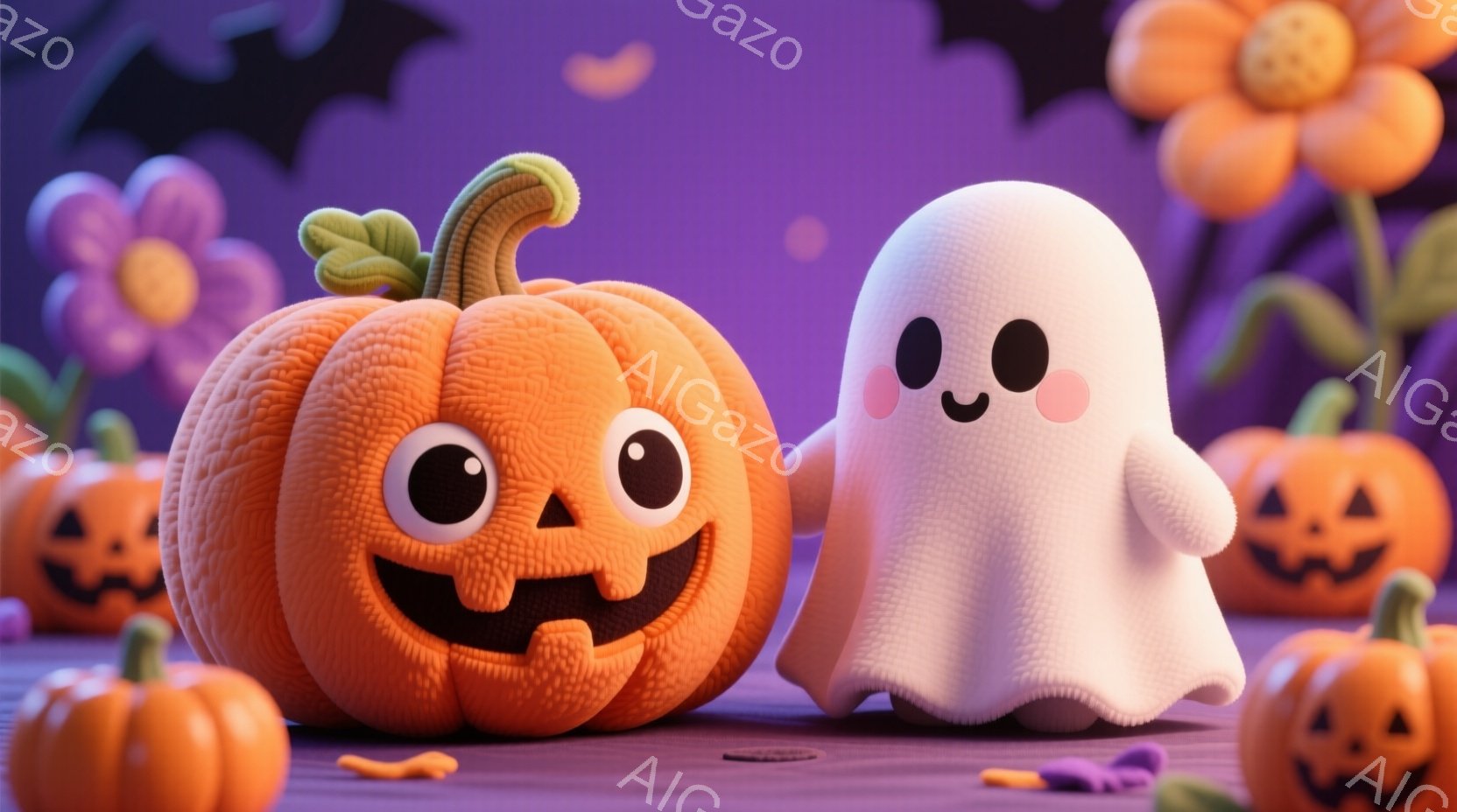 明るい紫色の背景に、愛らしいハロウィーンのキャラクターたちが並んでいます。オレンジ色のジャック・オ・ランタンと、ほほが赤く染まった白い幽霊が、微笑みを浮かべています。背景には、オレンジ色の花や黒いコウ - AI生成フリー素材