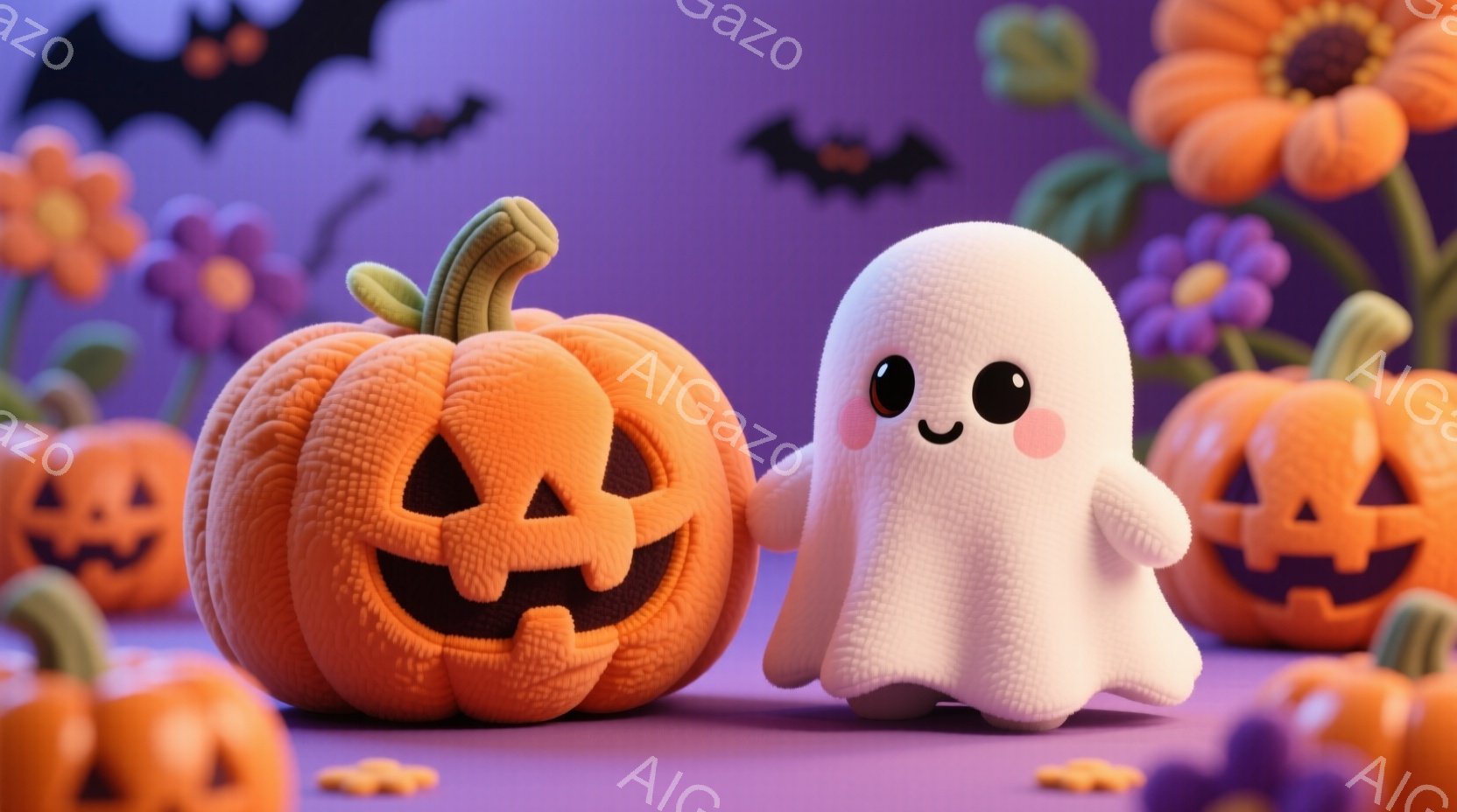 お化けとその友達が仲良くするイラストです。お化けは平和的な表情をしており、手を合わせるように笑顔を見せています。背景は普通のハロウィンの場所で、お化けが集中している個所にはパンプキンと幽霊のイラストが添えられています。全体的な雰囲気は甘いであり、お化けたちが楽しむような感覚を与えます。