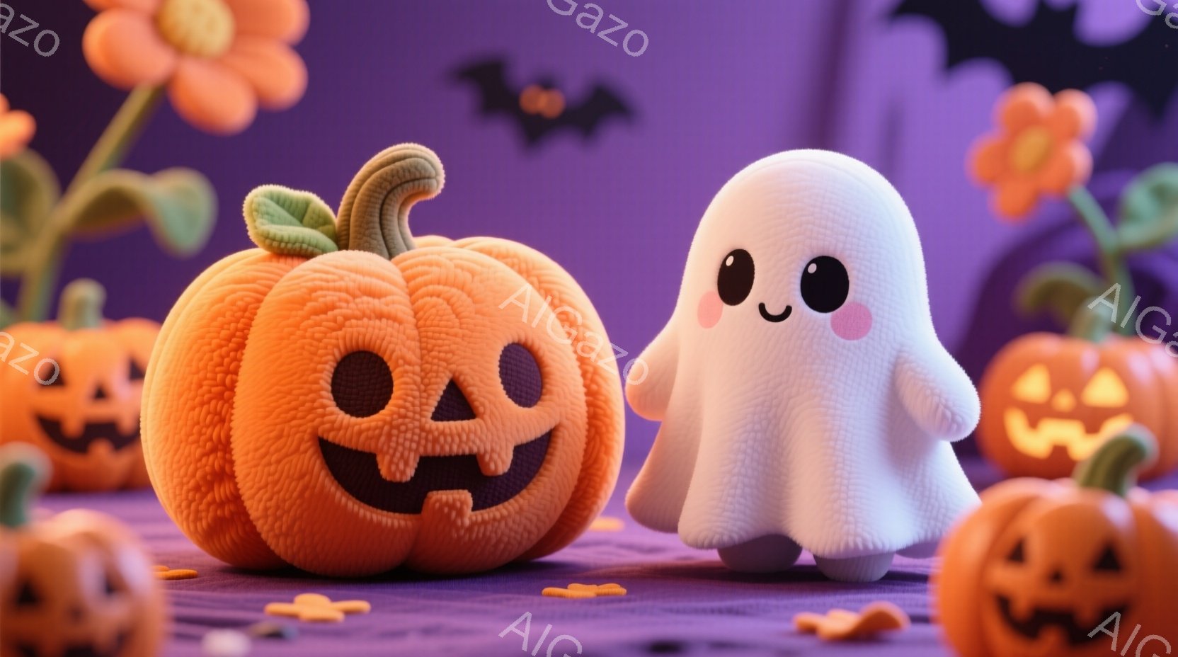 明るい紫色の背景に、ふわふわとしたハロウィーンの飾りたちが並んでいます。オレンジ色のジャック・オ・ランタンと白い幽霊が中心で、幽霊は丸い体で可愛らしい表情をしています。周りには小さなカボチャや、暗い紫 - AI生成フリー素材