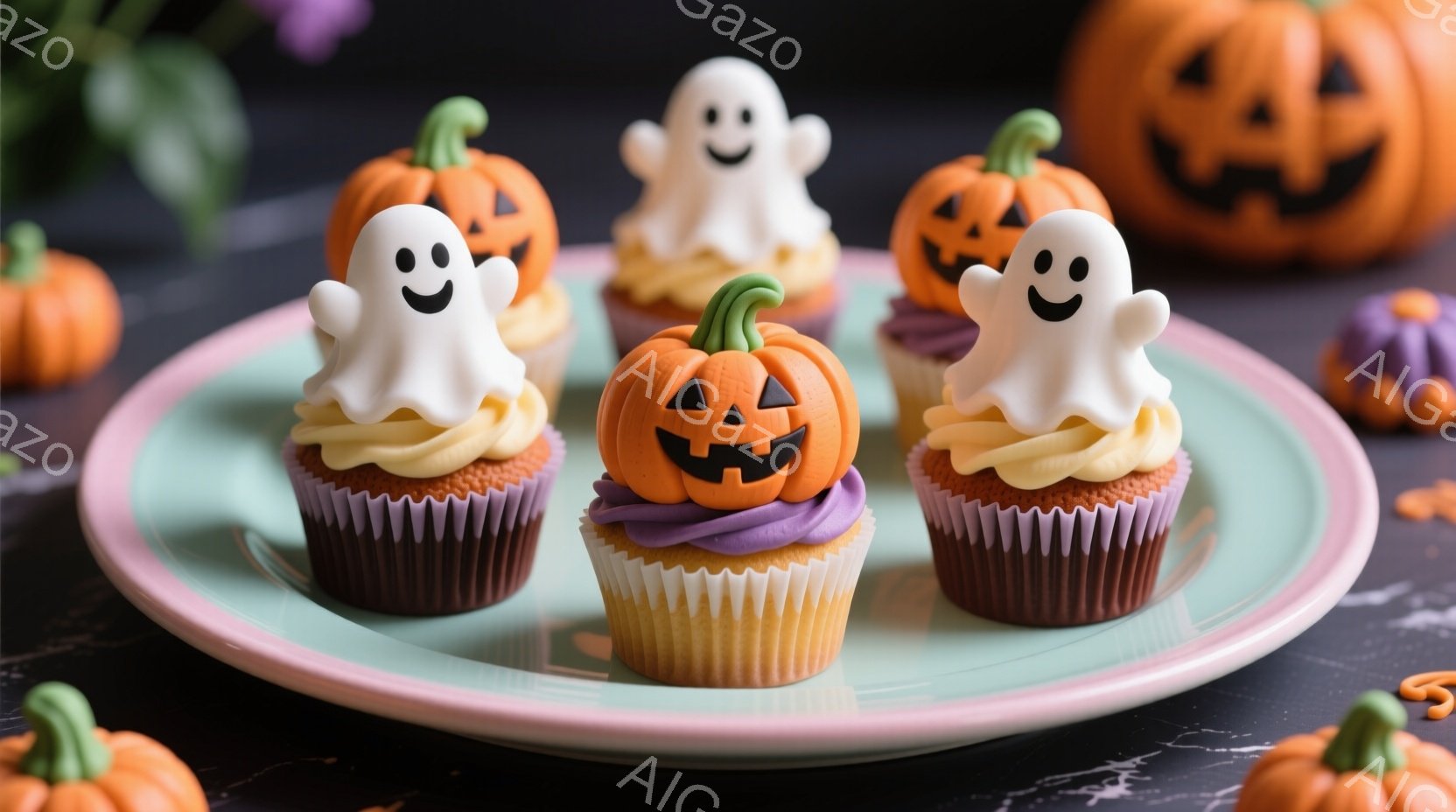 ハロウィーンをテーマにしたカップケーキが、薄いミントグリーンの皿に並べられています。各カップケーキは紫色の紙製のカップに包まれ、クリームにはカボチャや幽霊のデコレーションが施されています。背景には小さ - AI生成フリー素材